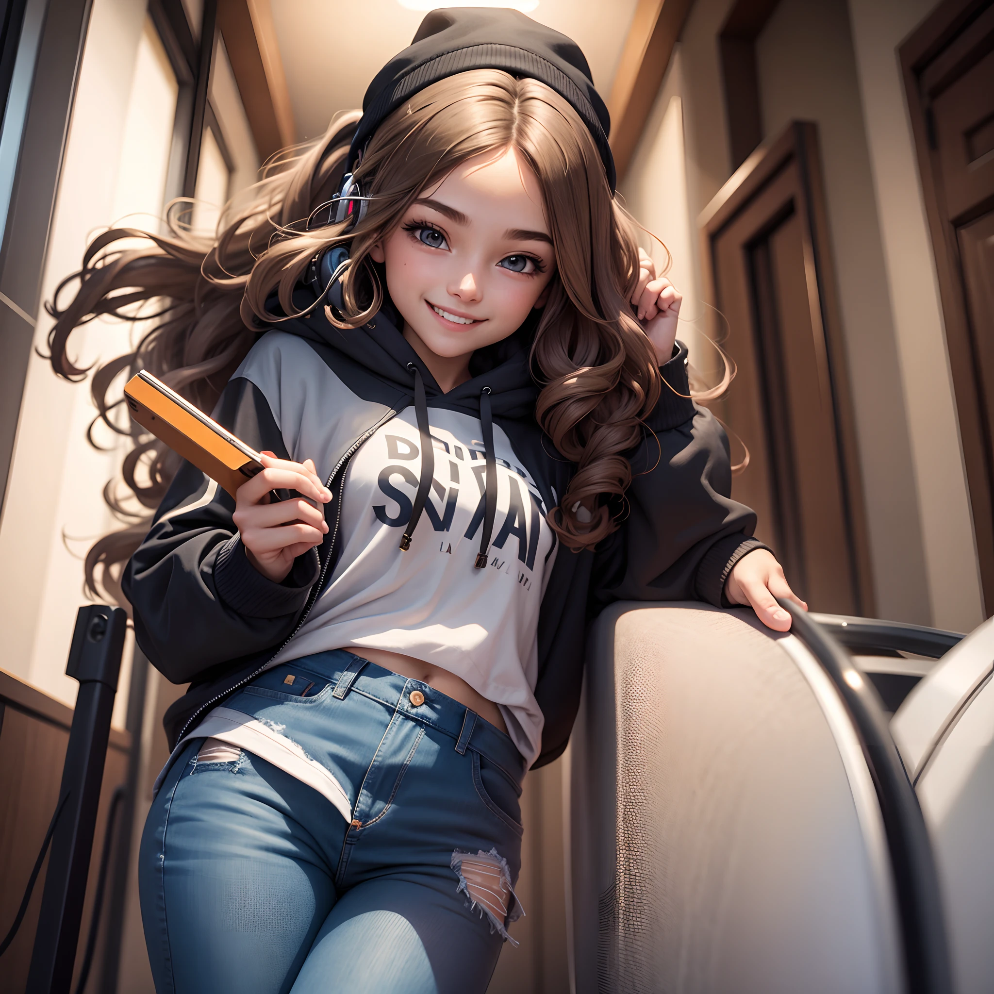 Young lady, age 21, long wavy hair [[[middle part hair cut]],  Brown hair color, Tomboy clothing, hoodie, wearing headphone [[[solo girl]]], smile at camera, 8k resolution, depth, collage enviroment.