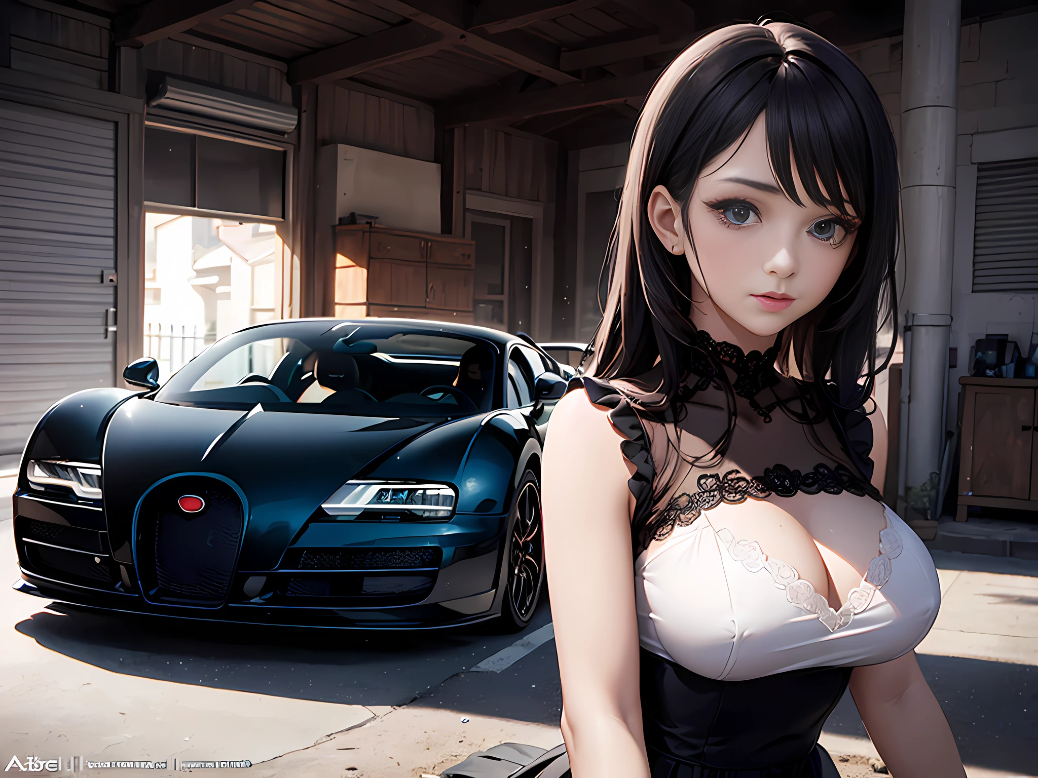 (masterpiece, top quality, best quality, official art, beautiful and aesthetic:1.2), (fractal art:1.3), (1girl:1.3), 12 years old, young face, sparkling hair, beautiful detailed eyes, wearing frilled skirt, medium breast, extremely detailed eyes and face, light on face, lovely, soft lighting, cinematic lighting, BREAK, Beautiful woman getting into a Bugatti Veyron 16.4, stand by car, (art by Albert Marquet:1.2) , Warlike Jay, , Depth of field 270mm, super car, Inside the garage, concept art,simple background