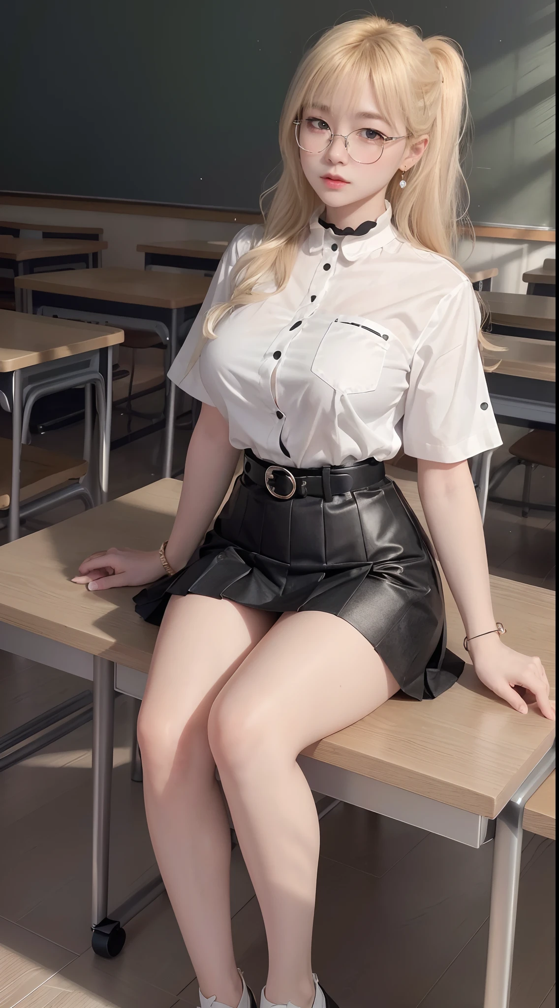 absurdres, 1girl, blush, (realistic:1.5), (masterpiece, Extremely detailed CG unity 8k wallpaper, best quality, highres:1.2), (ultra_detailed, UHD:1.2), perfect illumination, distinct, (1girl:1.4), looking at viewer, unreal engine, sidelighting, perfect face, detailed face, perfect body, beautiful eyes, pretty face, (bright skin:1.4), idol, (abs), ulzzang-6500-v1.1,,((narrow waist)),(blonde hair),MAHALAIUNIFORM,(((WHITE SHIRT SHORT SLEEVES))),((BLACK polished PENCIL SKIRT)),((BLACK PLEATED SKIRT)),((in the classroom)),(choker),((white shirt short sleeves )),((black pencil skirt)),(belt),((sitting on the table)),(Full body:1.4),bangs,((glasses)),sharp eyes,peck the corners of the mouth,silver earrings,hands in hair,silver watch,((medium breast))