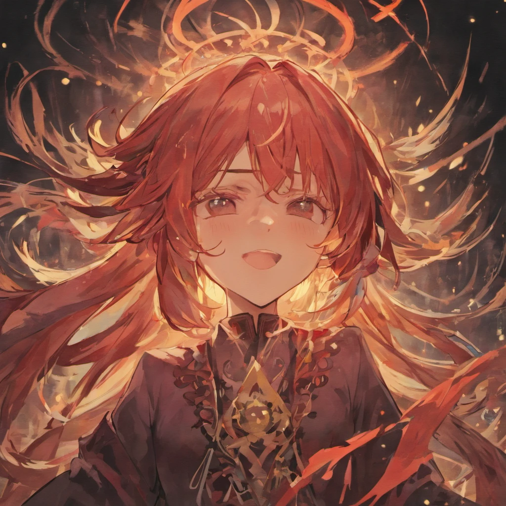 A young man with closed eyes smiling, Long flowing hair to the waist is black, On the head is an ornament in the form of a stone, red tattoos on her cheeks, low