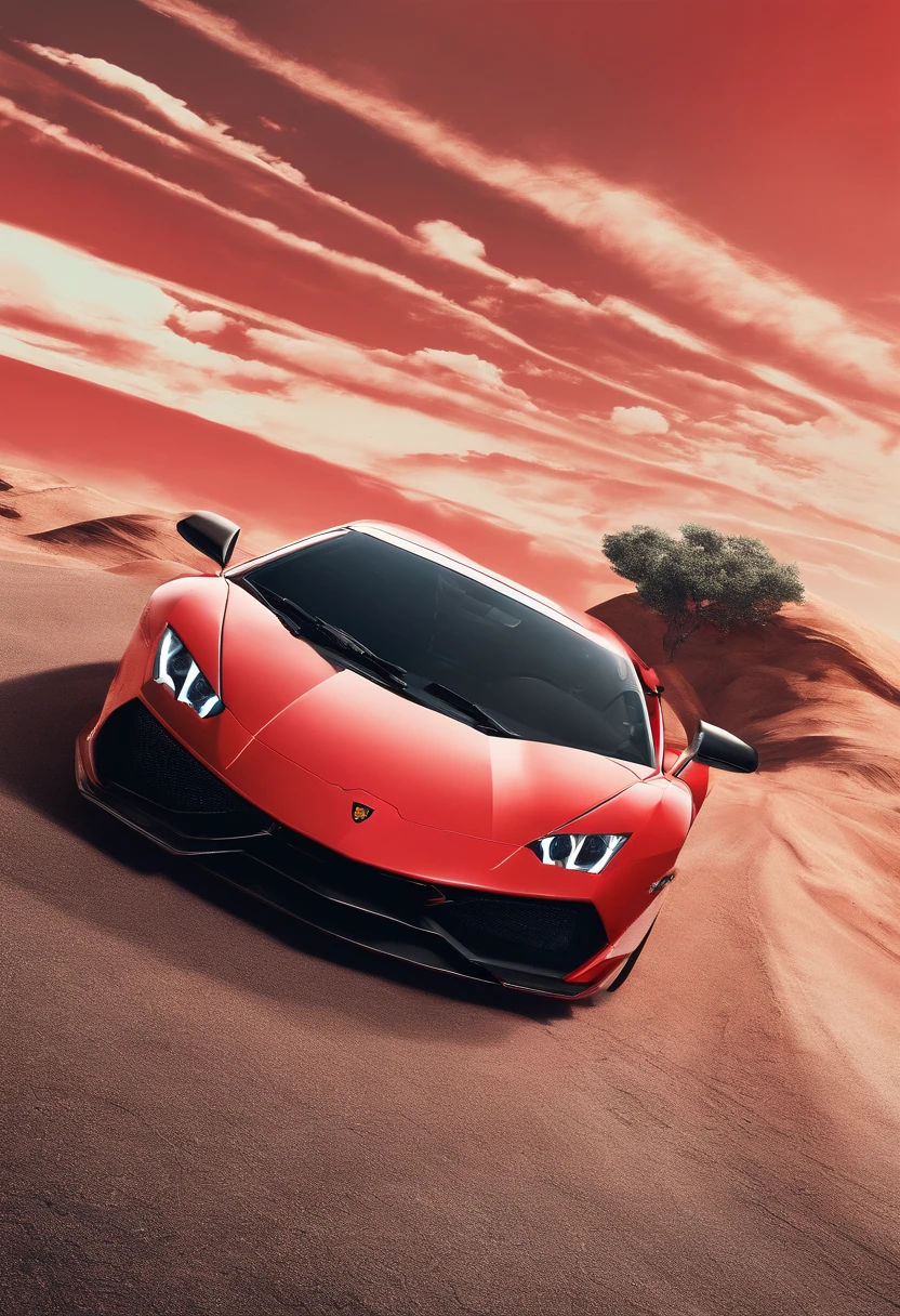 Bolides super car Lamborghini similar red streamline
riding on the road, background is sky, Don’t make photos too cartoony.