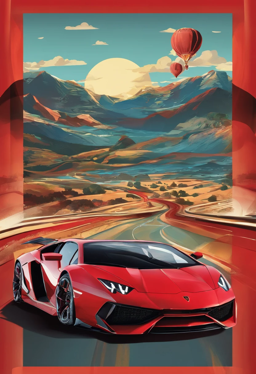Bolides super car Lamborghini similar red streamline
riding on the road, background is sky, Don’t make photos too cartoony.