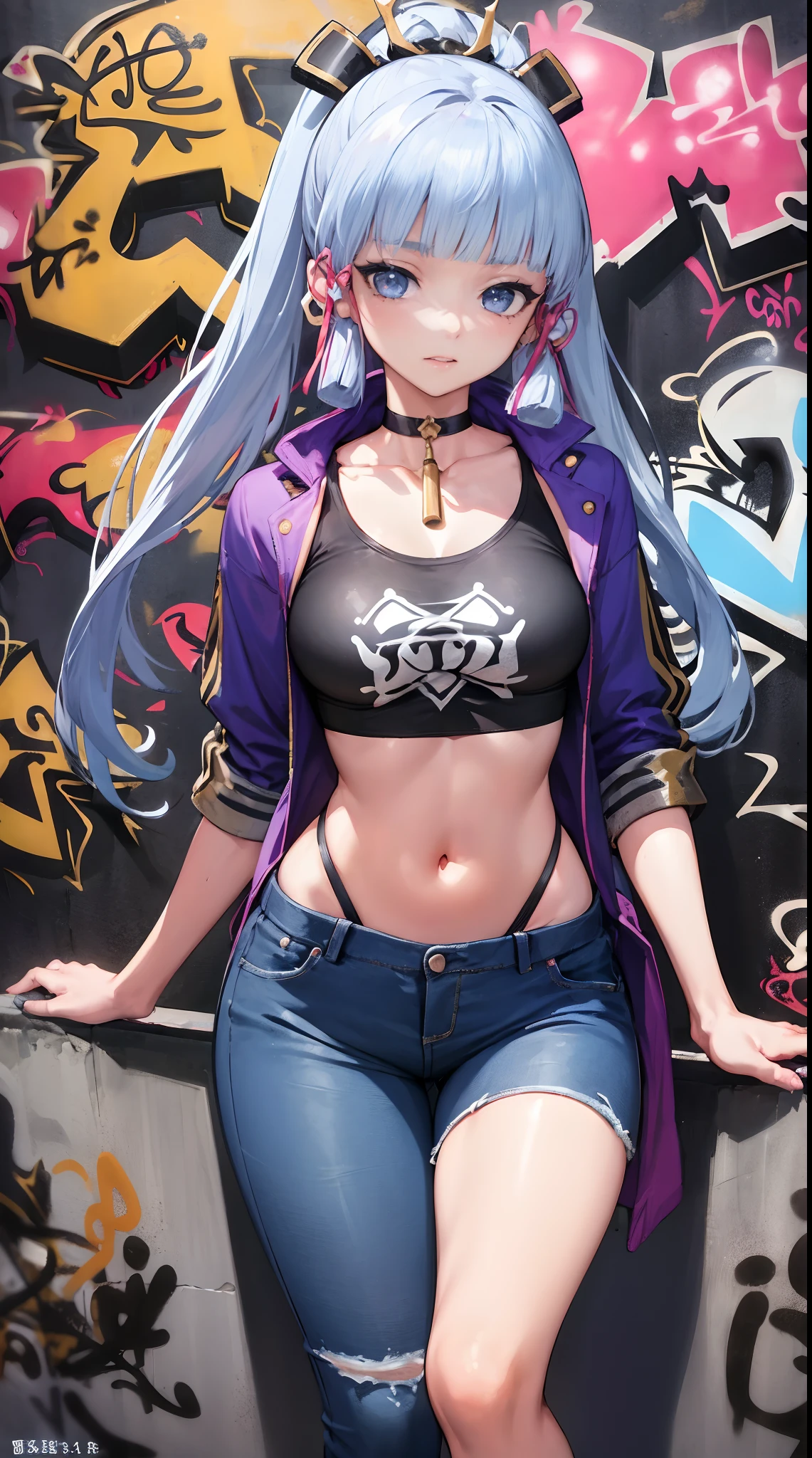 Ayaka Kamisato|Genshin Impact, masterpiece, best quality, 1 girl,25 years old, Proportional body, Lengthen the legs, beautiful, Proportional., crop top, long jeans, medium breasts, ,only, crop top, collar, (Graffiti:1.5), Splash with purple lightning pattern., arms behind back, against the wall, View viewers from the front., thigh strap, head tilt, boring,(National Science and Technology Development Administration.:1.2), (10, best quality, masterpiece: 1.4), beautiful red hair, ultra high resolution, (lifelike, lifelike的肖像: 1.48), 20 years old, cute girl, (View through crop top.), Famous actor of the Japan, beautiful and clear eyes, head tilt, cowboy shooting, from the front, looking at the audience, Poker face, beautiful lake, Zeiss 150mm f/ 2.8 Hasselblad,  whole body, foot, super wide angle,