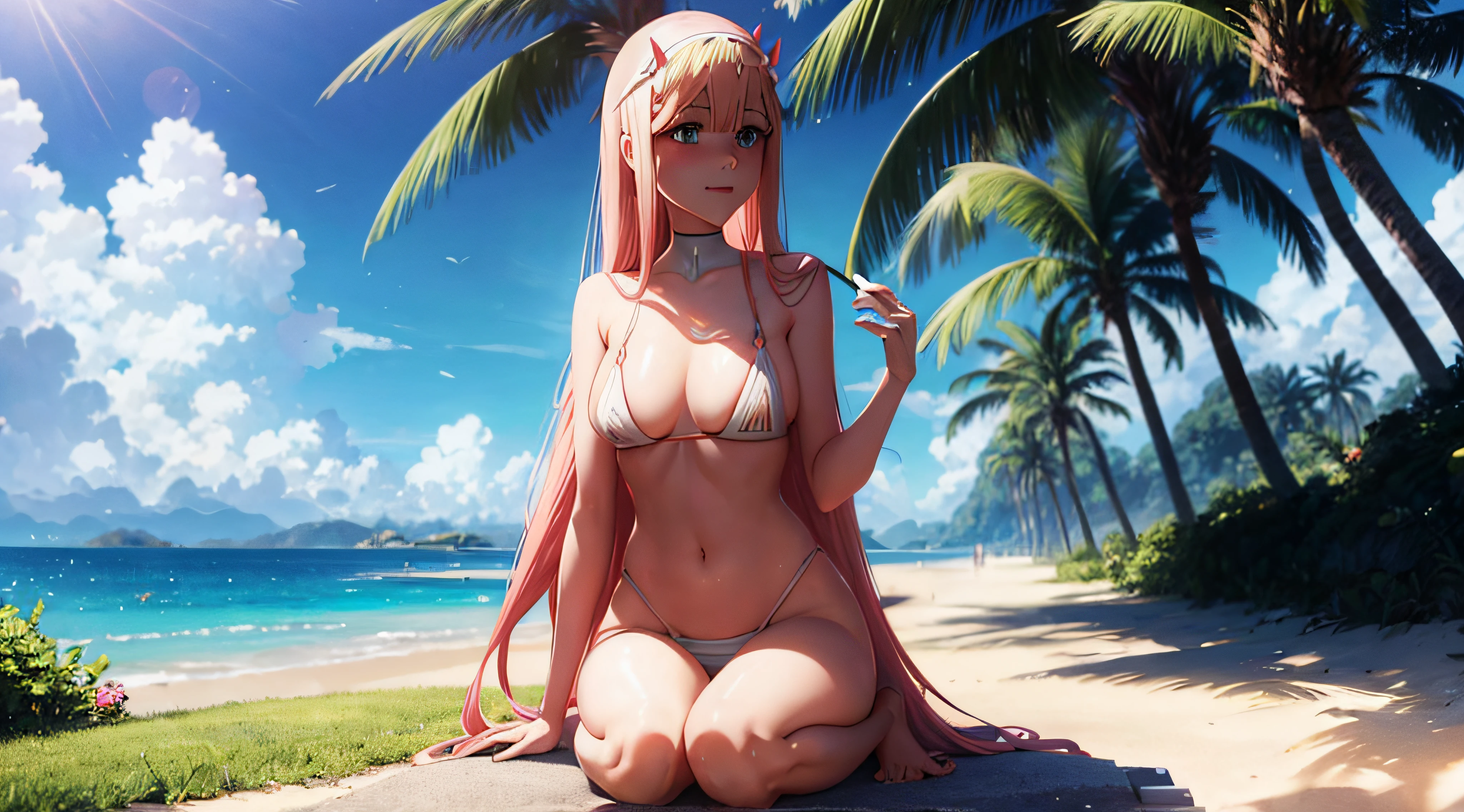 zero two from (darling in the franxx), waring a read bikini in the beach, full body, high ris, photo realistic,looking at viwer, masterpece, 4k