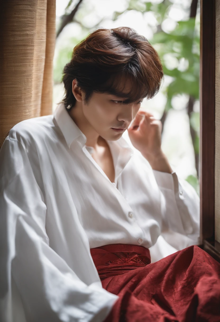 japanes、年轻、White shirt、eyes hidding