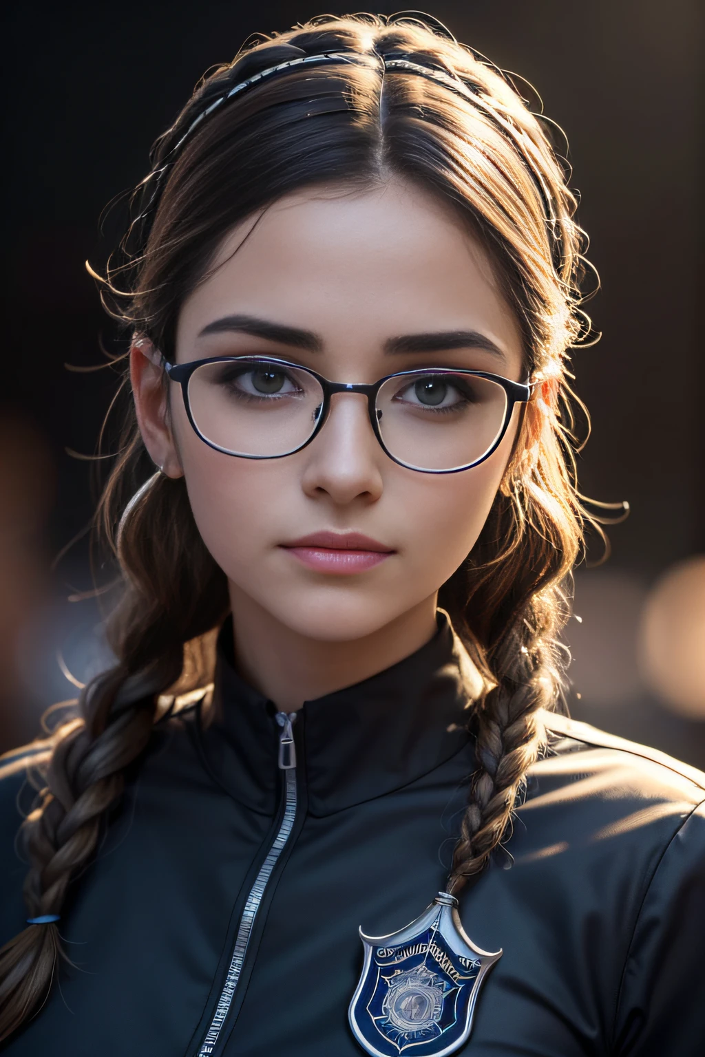 (realista: 1.4), melhor qualidade, ultra high-resolution, 4k, foto para redes sociais , glasses with silver face lens, detalhes intricados , altamente detalhado, Uma garota 25 anos , brown hair with braids , Cop , Musculosa , (uniforme da policia sexy , camiseta aberta com seios a mostra : 1.2), ((glasses with silver face lens : 1.3)) , algemas na cintura , Manga comprida, cabelo comprido , franja, tudo muito detalhado , sorrindo , (( dias escuros )) , Alto contraste , Anoitecendo ,  Background flowers falling behind her , HDR , cinematic picture ,