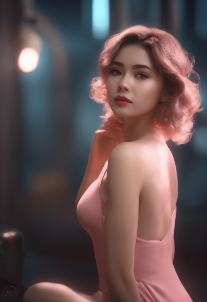 cute young woman, ultra high quality, nude. volumetric, bioluminescence, luminism, pink-orange, global illumination, ambient occlusion, masterpiece, art by Ilya Kuvshinov, omimoji, busy image, Tokyo anime awards winner, octane render, unreal engine 5,