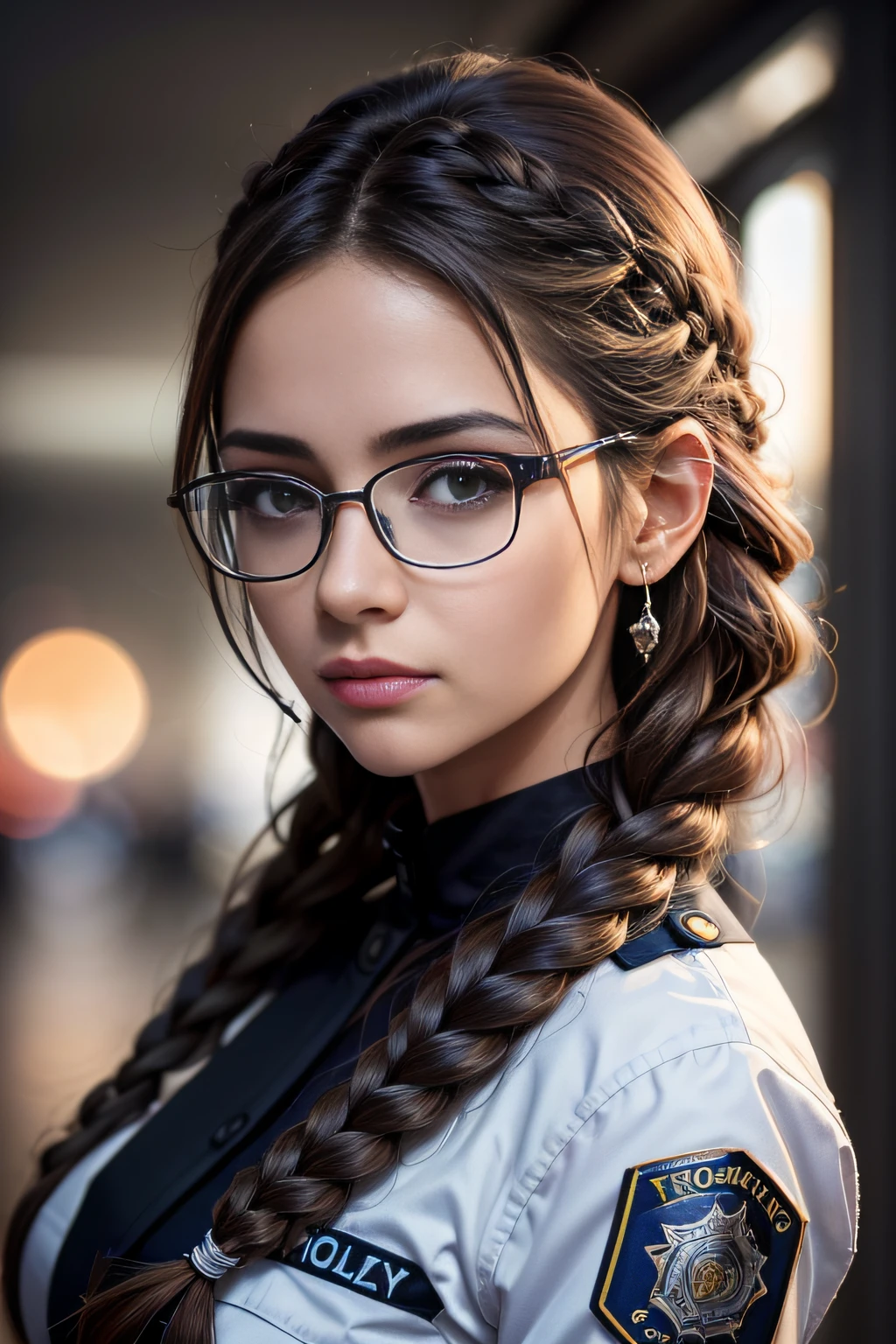 (realista: 1.4), melhor qualidade, ultra high-resolution, 4k, foto para redes sociais , glasses with silver face lens, detalhes intricados , altamente detalhado, Uma garota 25 anos , brown hair with braids , Cop , Musculosa , (uniforme da policia sexy , camiseta aberta com seios a mostra : 1.2), ((glasses with silver face lens : 1.3)) , algemas na cintura , Manga comprida, cabelo comprido , franja, tudo muito detalhado , sorrindo , (( dias escuros )) , Alto contraste , Anoitecendo ,  Background flowers falling behind her , HDR , cinematic picture ,