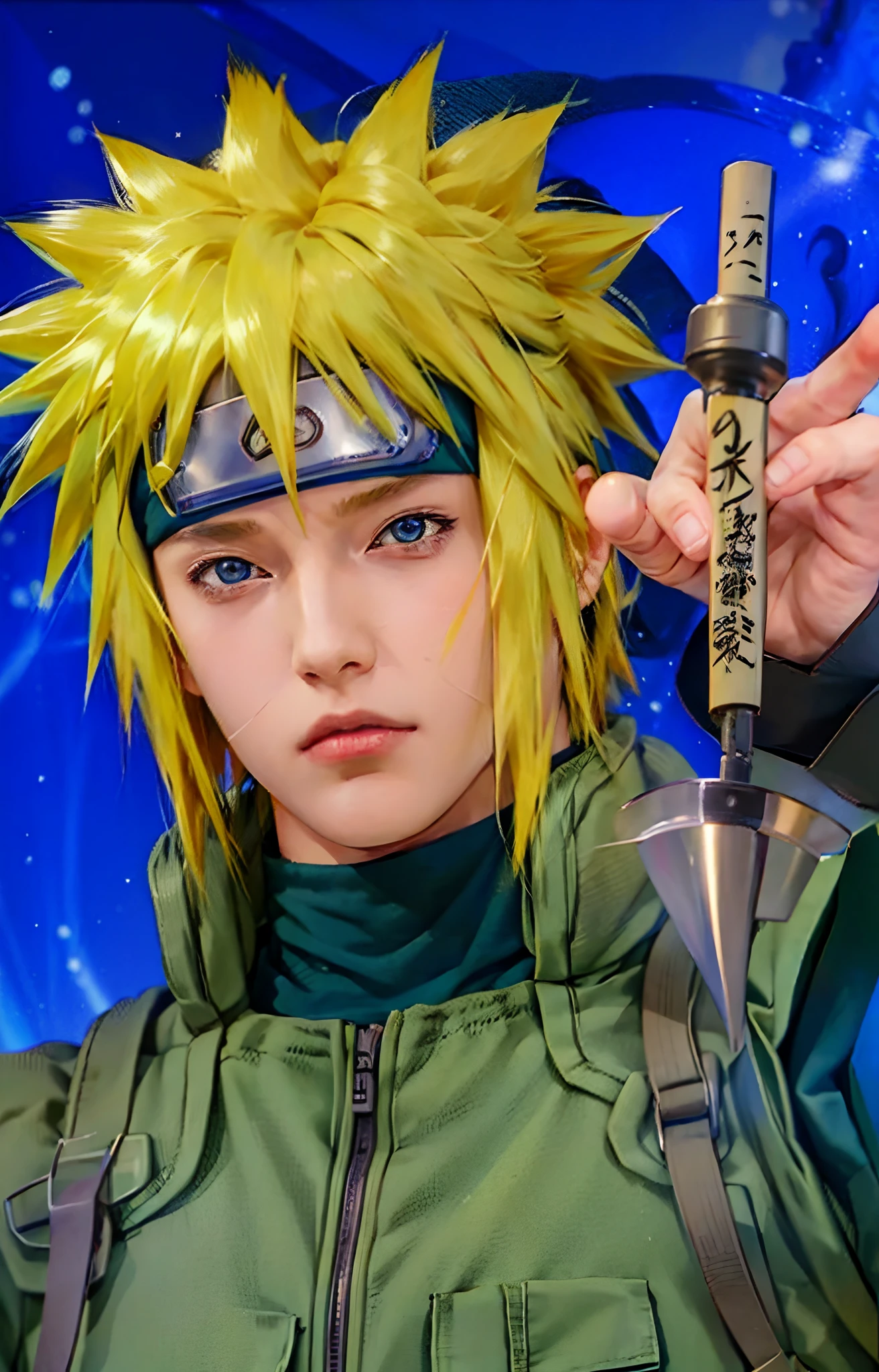 1male, namikaze in anime naruto shippuden, short hair , yellow hair, blue eyes, handsome, green clothes, realistic clothes, detail clothes, city background, ultra detail, realistic