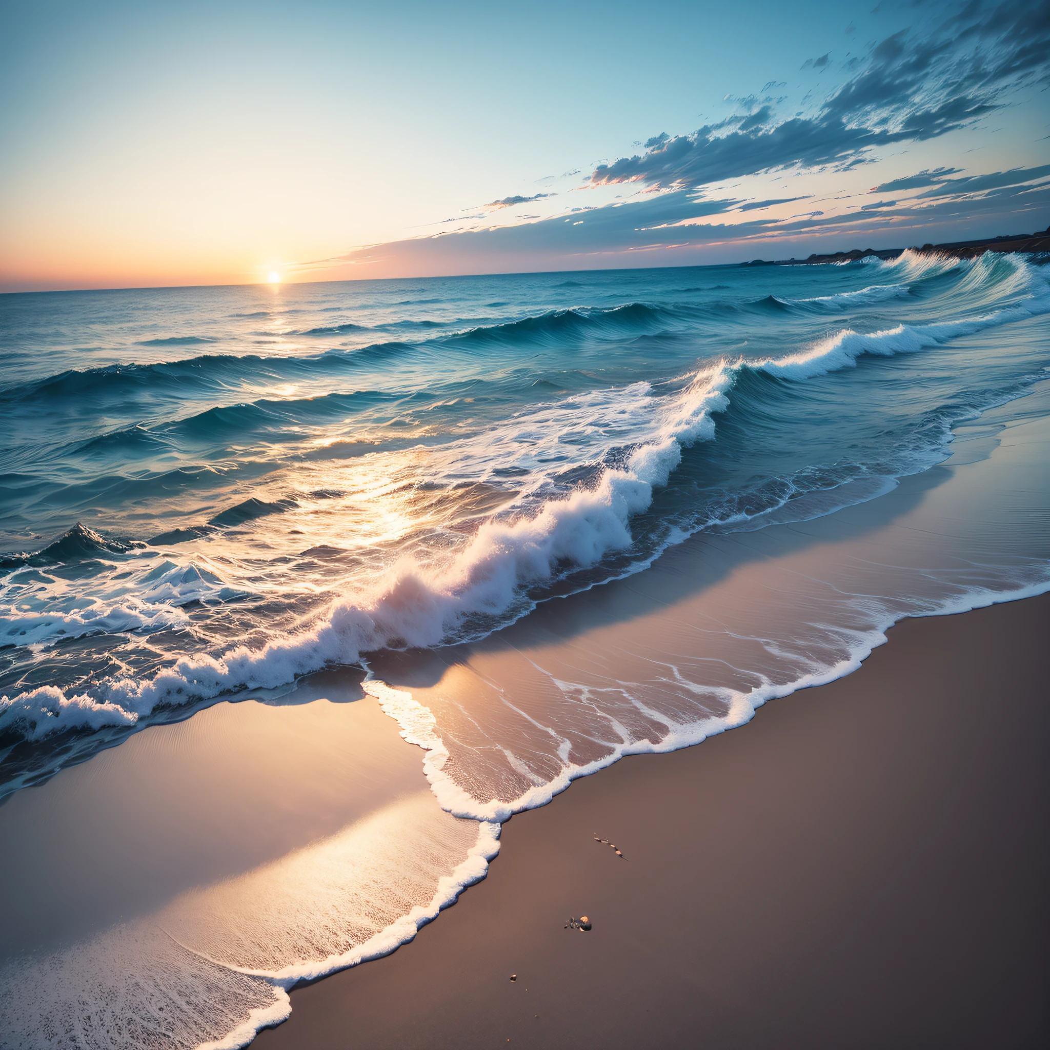 Calm Ocean Waves:
Gentle waves lapping at the shore under a clear, open sky.