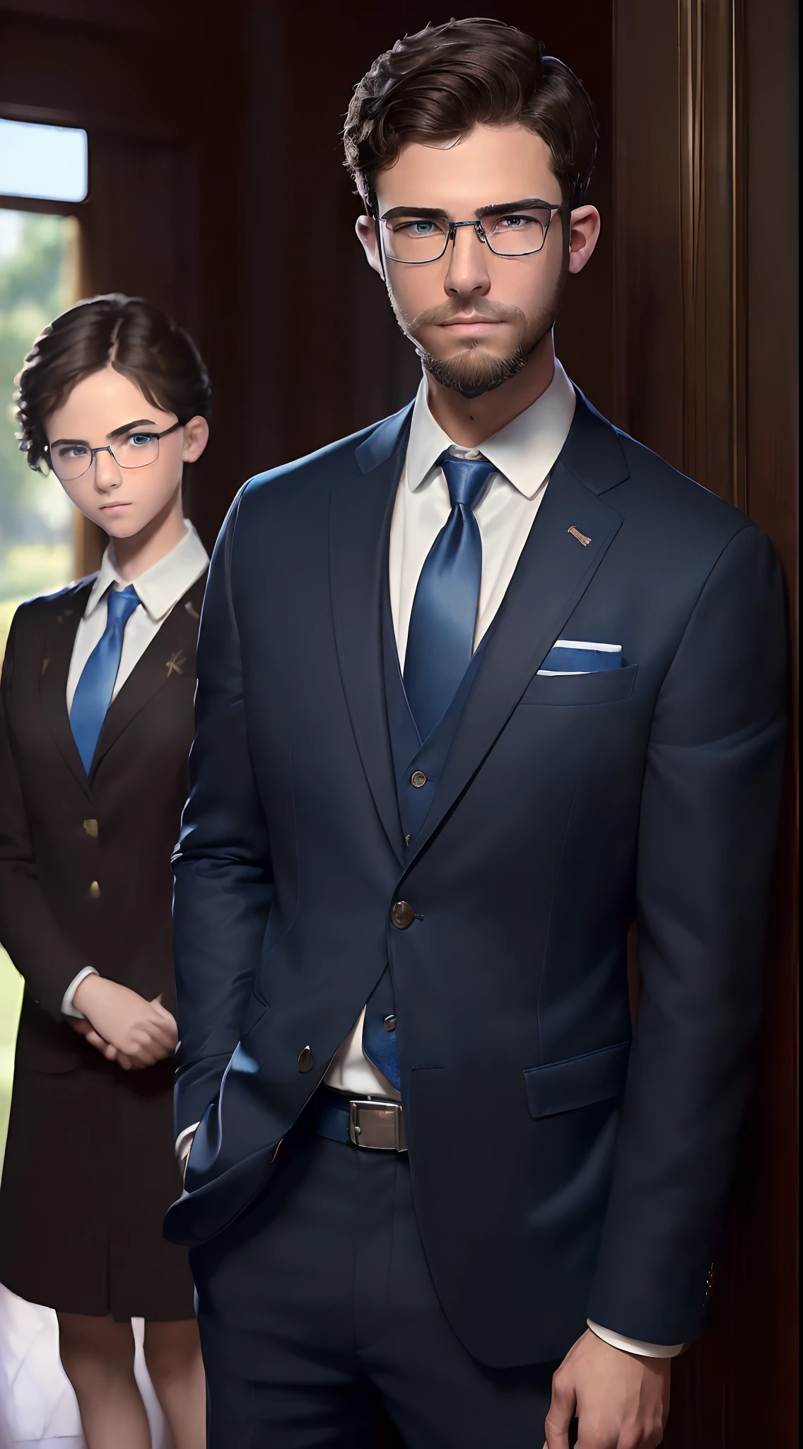 (((masterpiece, best quality))), ((((8k resolution)))), ((there is a boy with some girls)), (((tall boy short girls))),((short beard)), 16 year old, black hair, light brown eyes, ((tiny mole below right eye)), ((( eye glasses))), ((realistic)), (sharp focus), wearing blue suit, oxford shoes,((( hands in pocket))),
