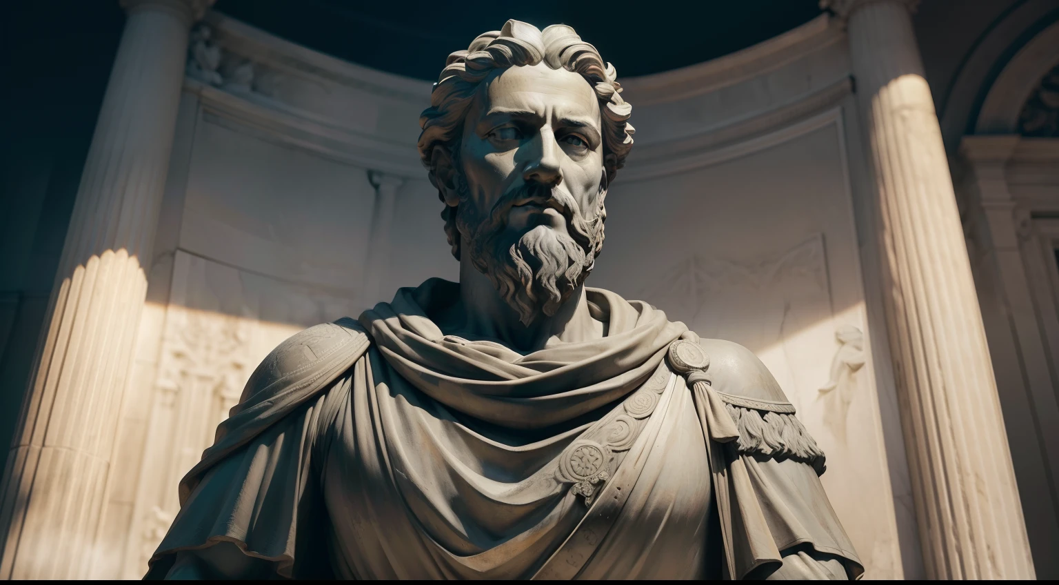 Realistic statue with all black background of ancient philosopher MARCUS AURELIUS GRATITUDE, obra-prima, melhor qualidade, Textura 8K, altamente detalhados, realista, soft Cinematic Light, HDR, foco nítido, obra-prima, fotorrealista, fotografia premiada, Canon EOS R5, 35 mm.