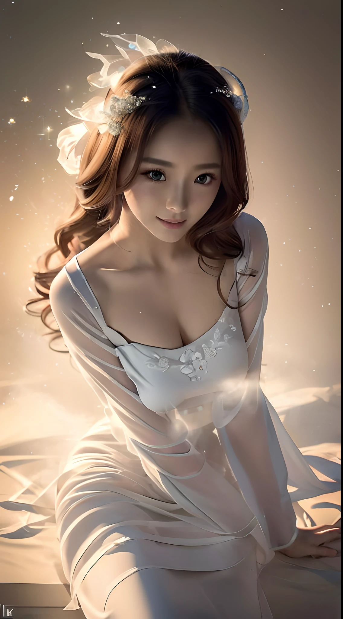 (Best quality,4K,8K,A high resolution,Masterpiece:1.2),Ultra-detailed,(Realistic,Photorealistic,photo-realistic:1.37),Gorgeous,Beautiful,Blonde curly hair,The goddess sits cross-legged on the steps in a white dress,Sexy girl, Sakimi Chen's illustration style, Japanese goddess, Yoshihide Suga, Amazing goddess, Ethereal body, mesmerizing eyes, Beautiful white costume, Bright sunshine, gleaming silver, Yoshitomo Nara，Fuzzy dragon-shaped smoke