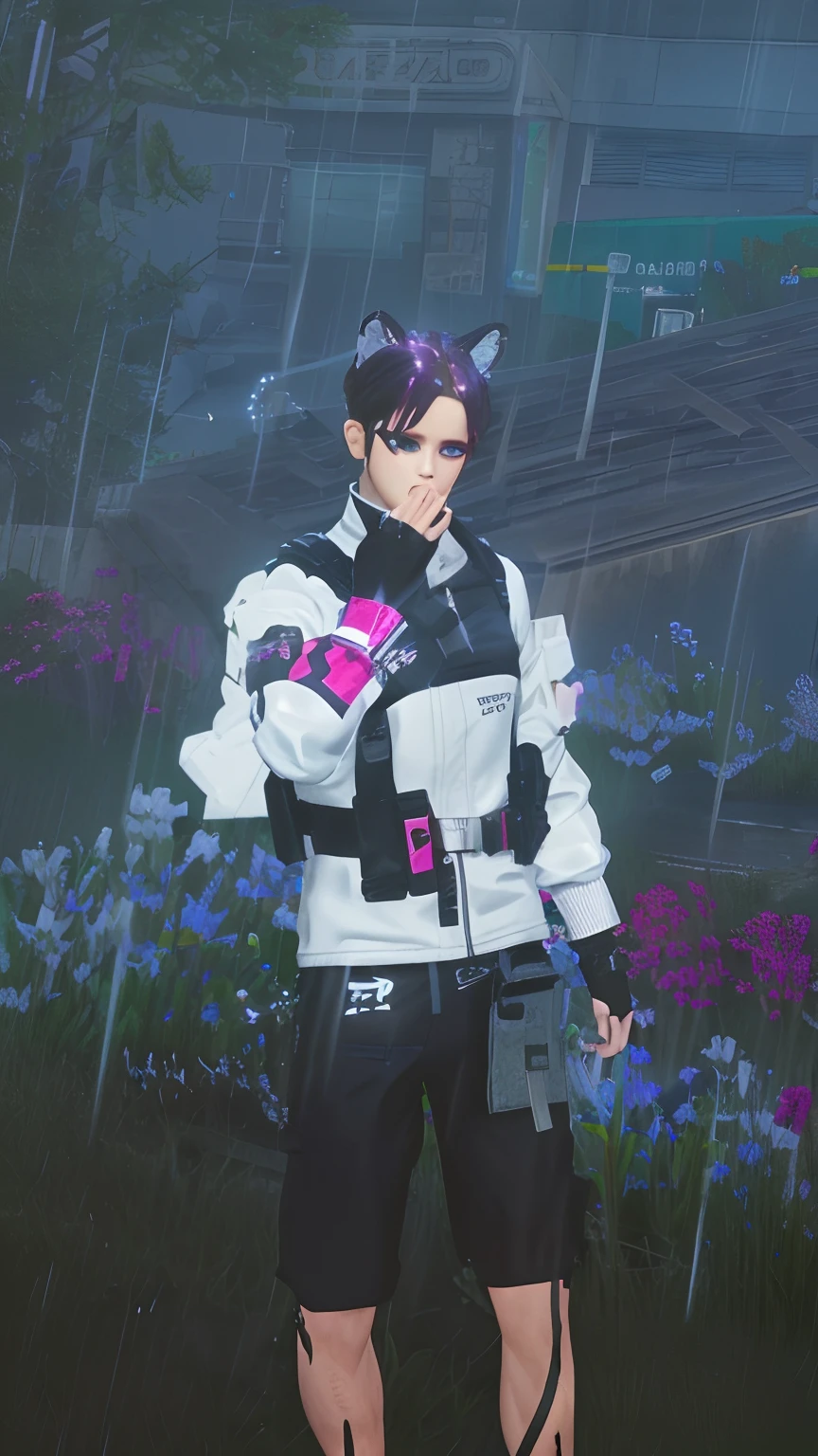 there is a man standing in the rain with a cell phone, outfit: cop, makoto shinkai ( apex legends ), as an overwatch character, as overwatch character, cyberpunk flowerpunk, wearing cyberpunk streetwear, mechanic punk outfit, sakimichan, cyber aesthetic, cyberpunk streetwear, wearing cyberpunk 2 0 7 7 jacket, lunar themed attire, (sfw) safe for work