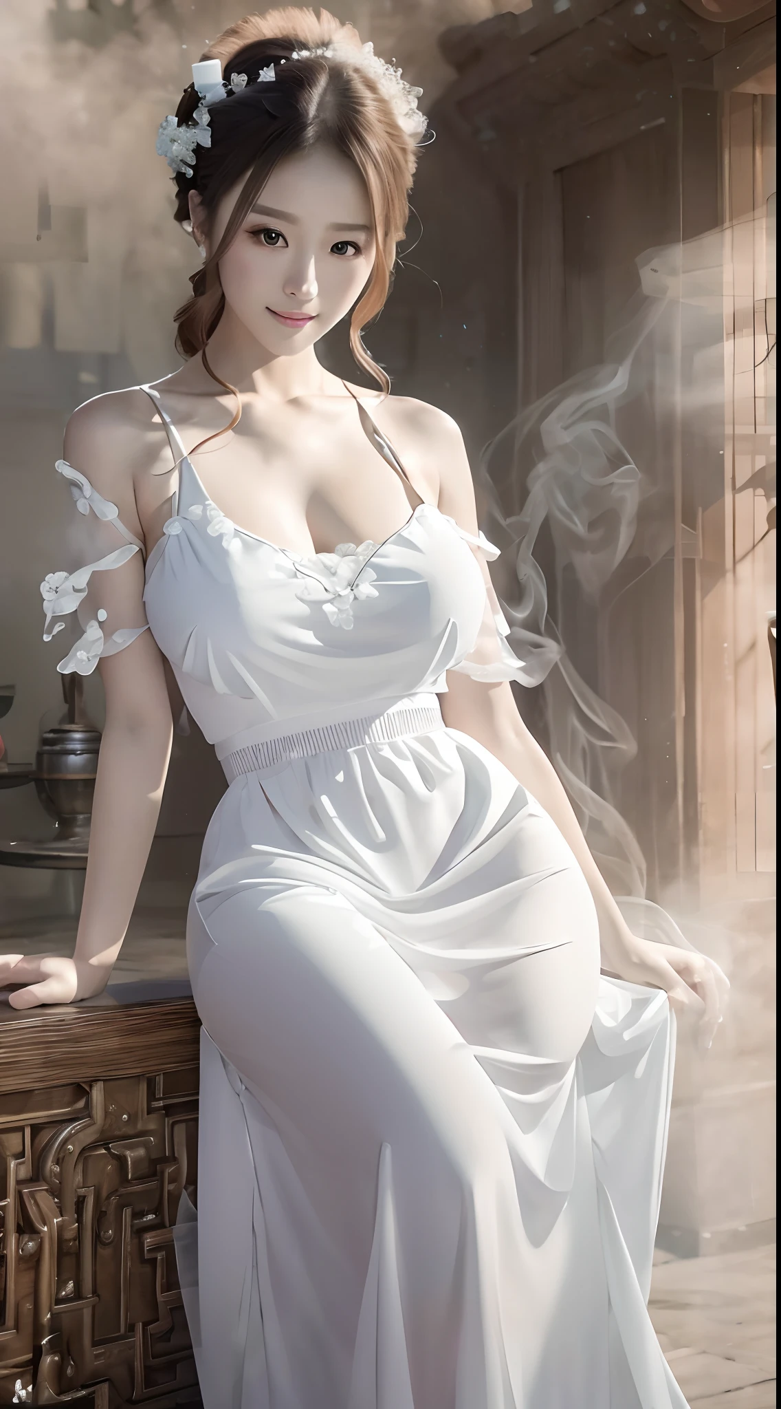 (Best quality,4K,8K,A high resolution,Masterpiece:1.2),Ultra-detailed,(Realistic,Photorealistic,photo-realistic:1.37),Gorgeous,Beautiful,Blonde curly hair,The goddess sits cross-legged on the steps in a white dress,Sexy girl, Sakimi Chen's illustration style, Japanese goddess, Yoshihide Suga, Amazing goddess, Ethereal body, mesmerizing eyes, Beautiful white costume, Bright sunshine, gleaming silver, Yoshitomo Nara,Fuzzy dragon-shaped smoke