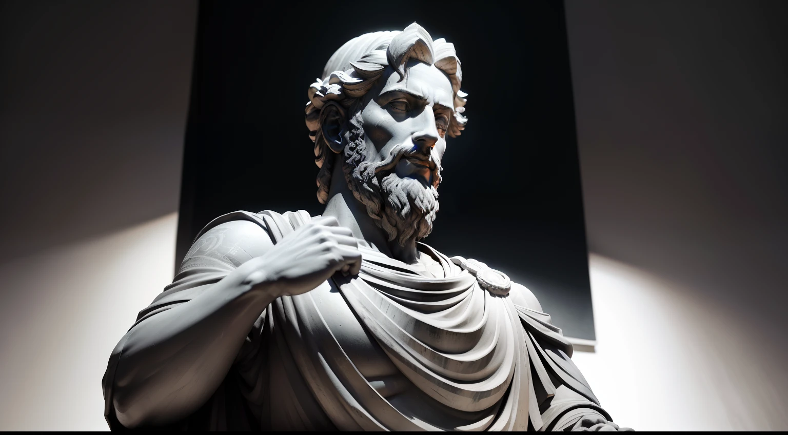 Realistic statue with all black background of ancient philosopher MARCUS AURELIUS GRATITUDE, obra-prima, melhor qualidade, Textura 8K, altamente detalhados, realista, soft  Cinematic Light, HDR, foco nítido, obra-prima, fotorrealista, fotografia premiada, Canon EOS R5, 35 mm.