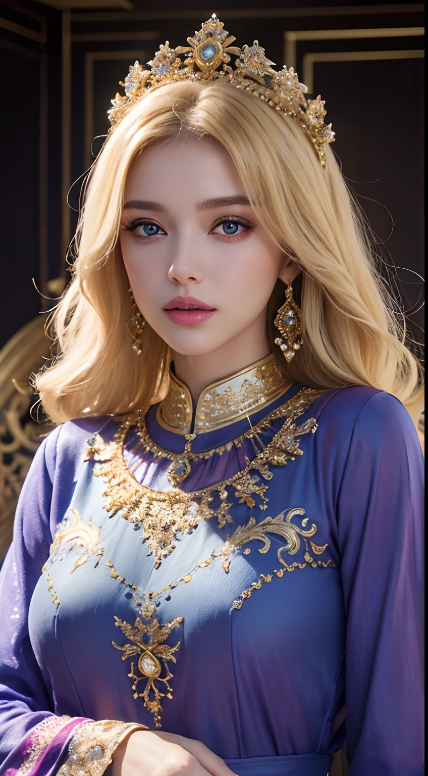 (master piece: 1.3), (8k, photoreallistic, Photo brute, beste-Qualit: 1.4), (1fille), beau visage, (realistic face), (cheveux rouges crystal bright, cheveux long blond1.3), belle coiffure, Realistic Crystal Brilliant Bright Eyes Bright, beautiful detailed eyes brilliant European beauty, (realistic skin), belle peau, (tirer), absurdes, attrayant, ultra highres, ultra realist, highly detailed, Gold number wearing a Moroccan Islamic caftan outfit half purple half blue full outfit