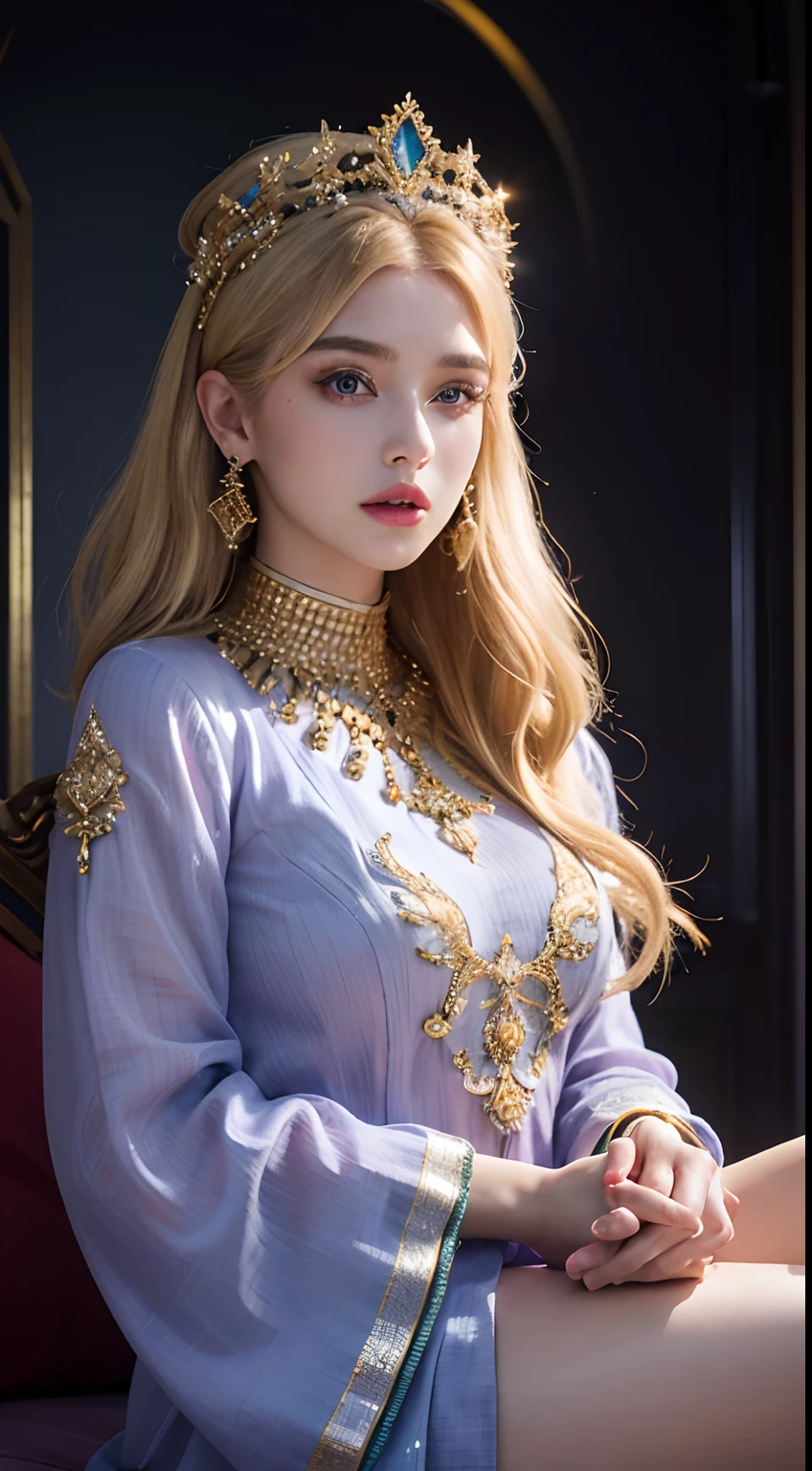 (master piece: 1.3), (8k, photoreallistic, Photo brute, beste-Qualit: 1.4), (1fille), beau visage, (realistic face), (cheveux rouges crystal bright, cheveux long blond1.3), belle coiffure, Realistic Crystal Brilliant Bright Eyes Bright, beautiful detailed eyes brilliant European beauty, (realistic skin), belle peau, (tirer), absurdes, attrayant, ultra highres, ultra realist, highly detailed, Gold number wearing a Moroccan Islamic caftan outfit half purple half blue full outfit