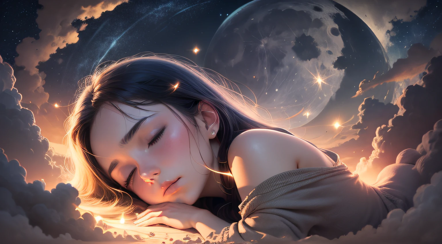 There is a woman sleeping on a bed with pillows, Lying in the fairyland of white clouds, 魔法のようなdreamのような雰囲気, lucid dream, 日常の空間を侵略するdream, dreamのような夜, 甘いdream, dreamに満ちた現実, dreamの風景を描いた絵画, dreamのようなシーン, dream of outer space, dream, dreamの天国の曇り空, The background is like heaven, ウェイク開始明晰dream