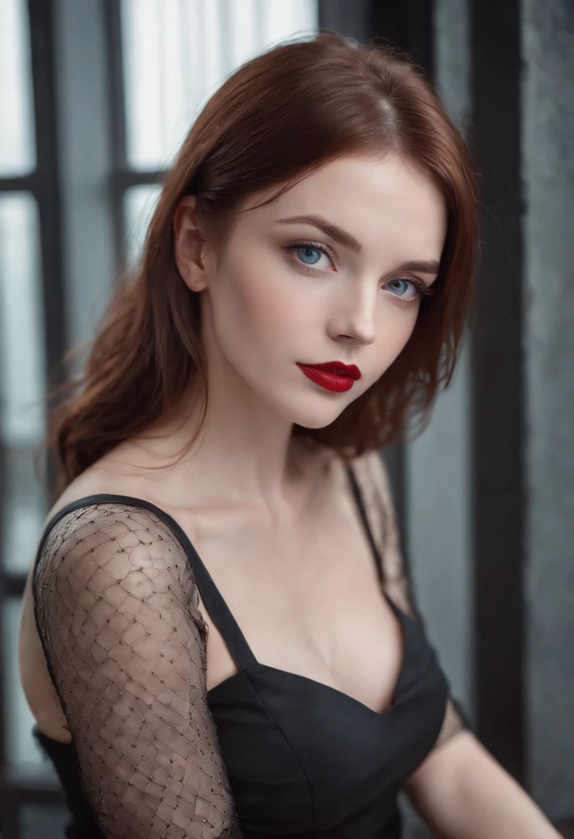 reddish brown hair girl, blue eyes, beautiful, full body, small breasts, wearing a black short dress with fishnet stockings, high heels, red lipstick
