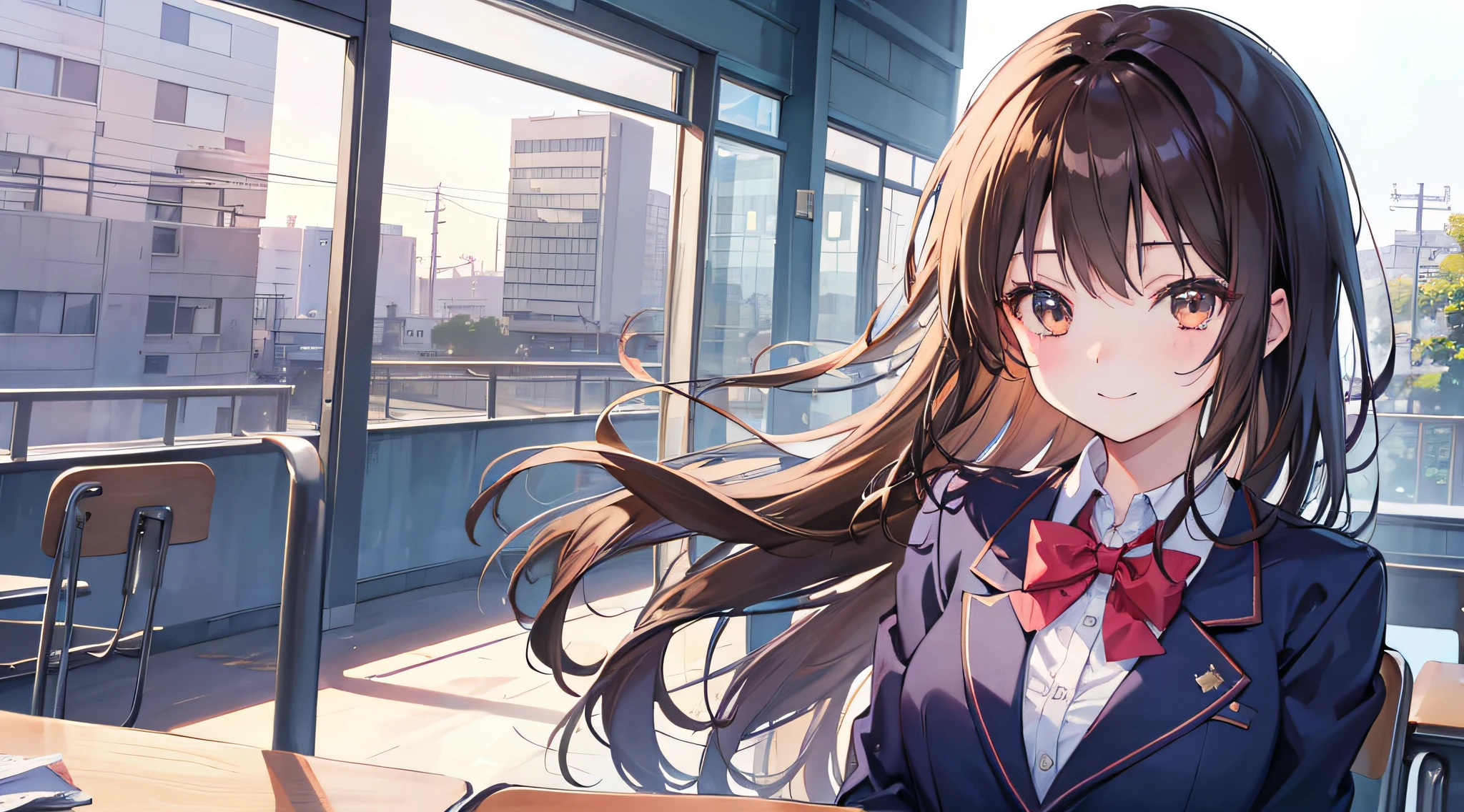 She’s a Friendly Looking girl, Cute, Sweet looking girl, I’m in a mood today, Happy, Smile, Anime girl, Medium chest size, She has beautiful long brown hair and brown eyes, We’re inside the classroom, Today is a sunny day, Looking at viewer, Wearing a dark blue suit uniform, Upper Body, 4k Best quality, Anime Style 4k, In a mood, Happy, No one in the classroom, Outside landscape is a Tokyo City