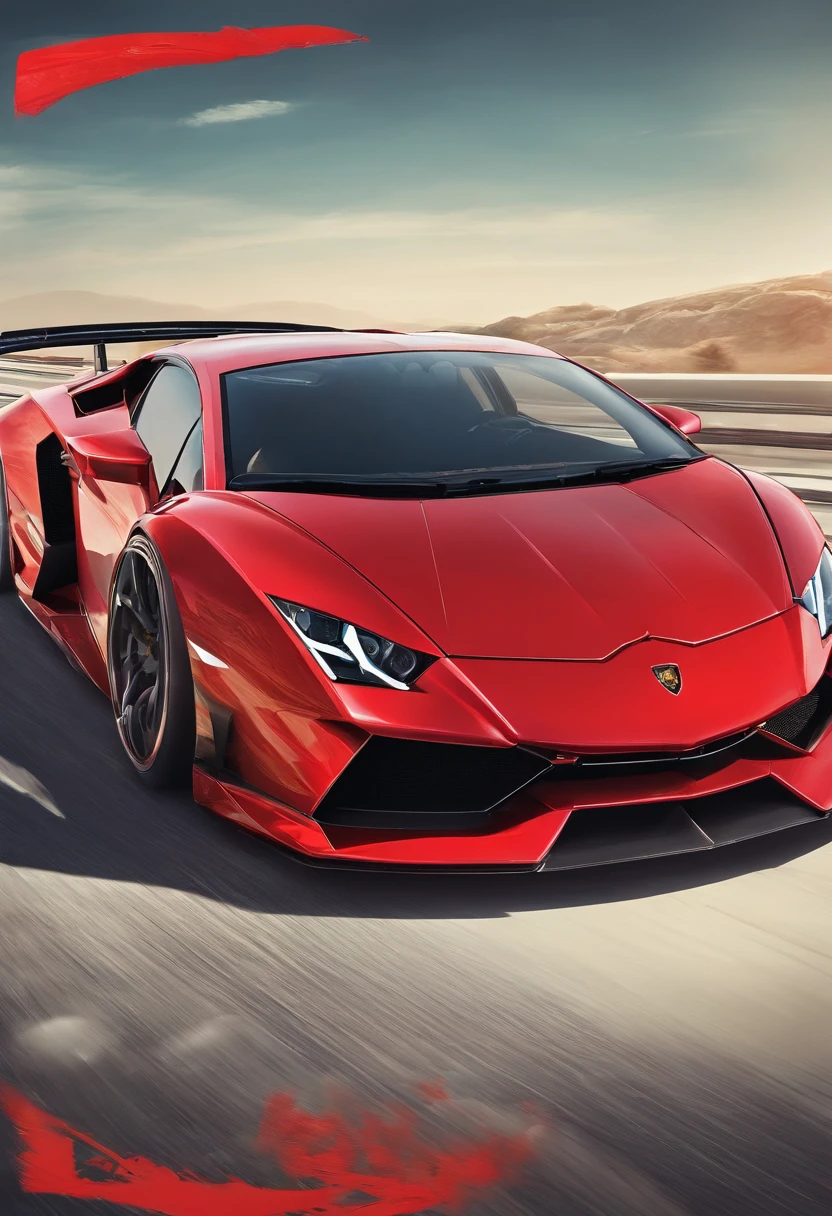 Lamborghini with liberty walk bodykit, red colour car, riding on the highway road, in sunshine morning, The direction of the front of the car is on the left, Don’t make photos too cartoony.