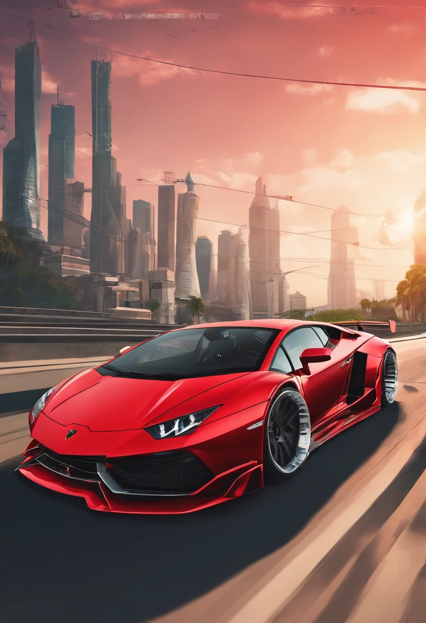Lamborghini with liberty walk bodykit, red colour car, riding on the highway road, in sunshine morning, The direction of the front of the car is on the left, Don’t make photos too cartoony.