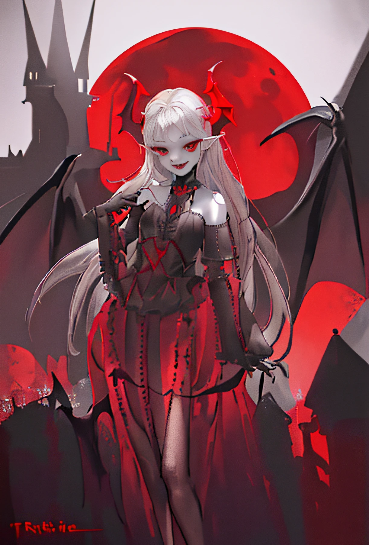 (Masterpiece: 1.2, best quality), (best lighting, very delicate and beautiful), (best lighting, very delicate and beautiful), (beautiful detailed face), (detailed eyes and detailed face: 1.2), dark fantasy, (young girl, little beast, 1girl, solo, crazy smile, pale skin, gray hair, red glowing eyes, dynamic angle, vampire), (get a vampire castle in the background), (Red Moon, Red Sky), pointy_ears, Fangs, Demon Wings, Demon Horns, Blood on the Face, Blood Rain, Blood Mist, (Depth of Field), High Contrast, (Blood Splash: 1.4), Cowboy Shot, Full Body,