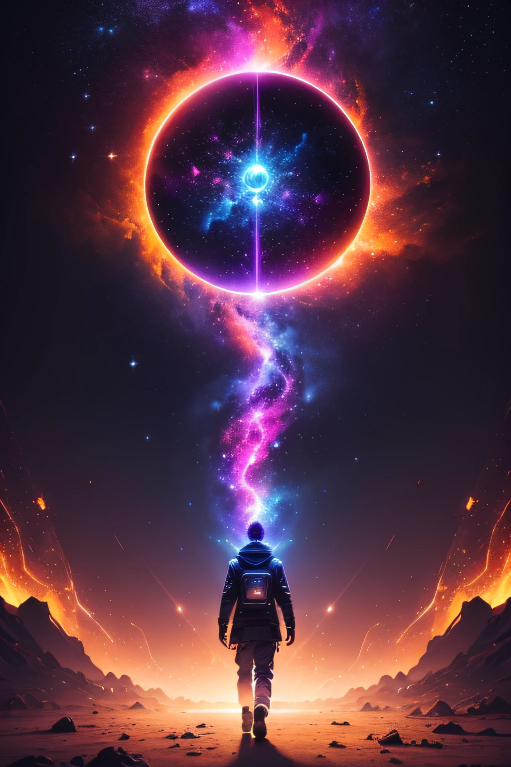 a man walking towards into honey portal, radiating energy, UFO and stars in the sky, cosmic nebula, electric hues, colorful but dark ambiance, abstract interpretation, all painted by a psykedelic girl inside the mind of the angel of death, 4k, 8k hd