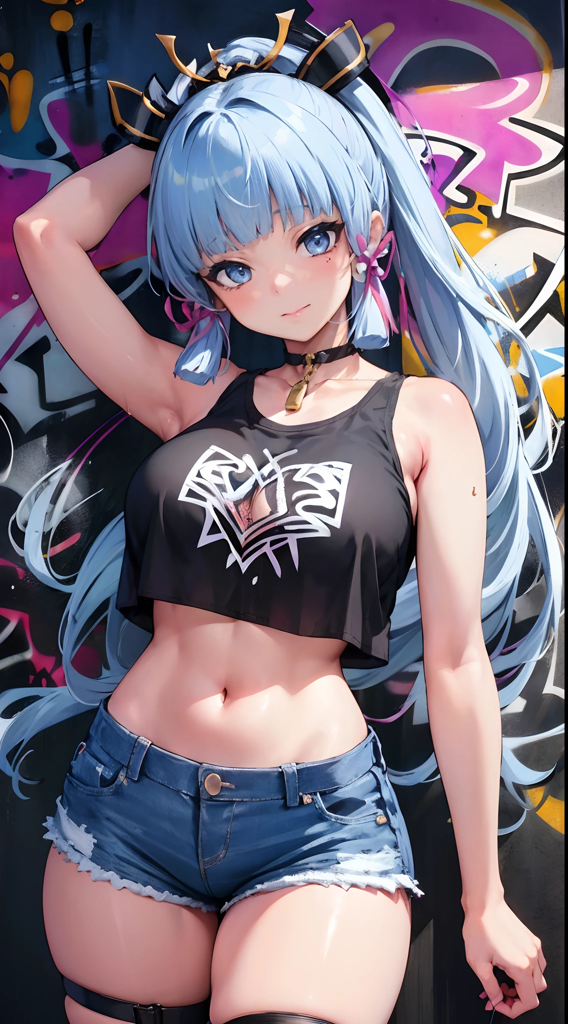 kamisato ayaka|genshin impact, master-piece, bestquality, 1girls,25 years old, oversized breasts, crop top, shorts jeans, oversized breasts, ,bara, crop top, shorts jeans, choker, (Graffiti:1.5), Splash with purple lightning pattern., arm behind back, against wall, View viewers from the front., Thigh strap, Head tilt, bored, water eyes,