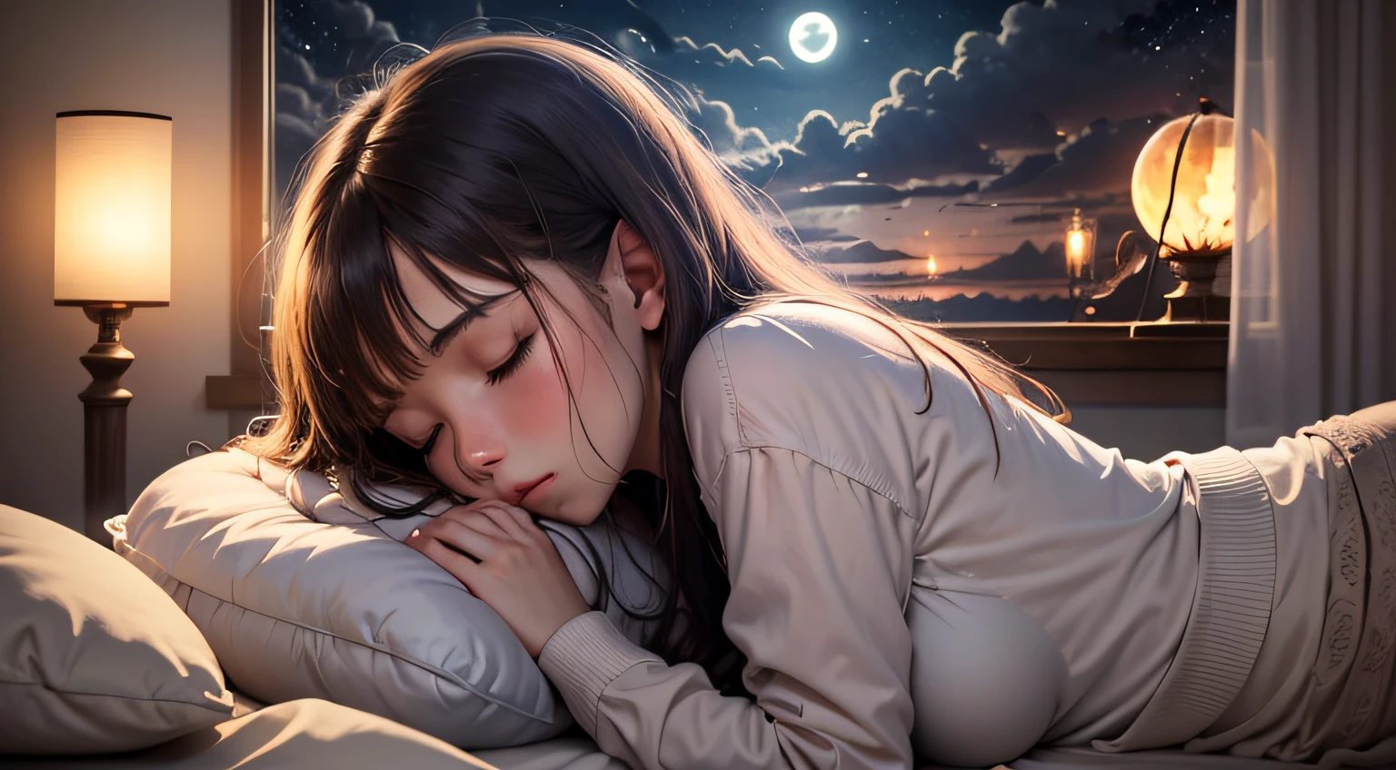 masterpiece, best quality, night, hill, clouds, full moon, long hair, woman sleeping on mattress hugging pillow, silhouette, fireflies,diaphragm.