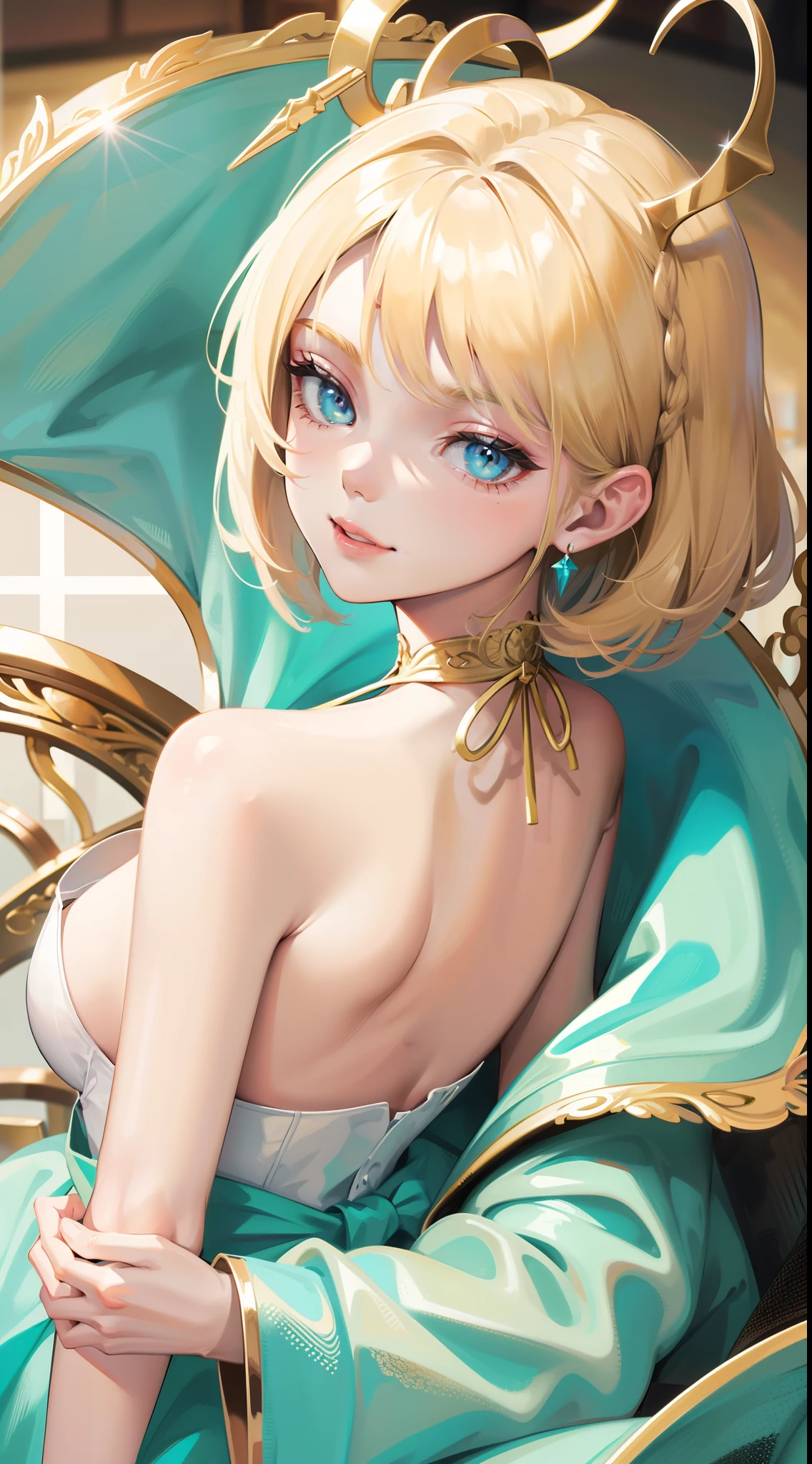 young girl, short blonde hair, turquoise eyes, smirk, Suit with white fork, Gold Elements, open shoulders, Masterpiece, hiquality, 4k, HD, Good detail