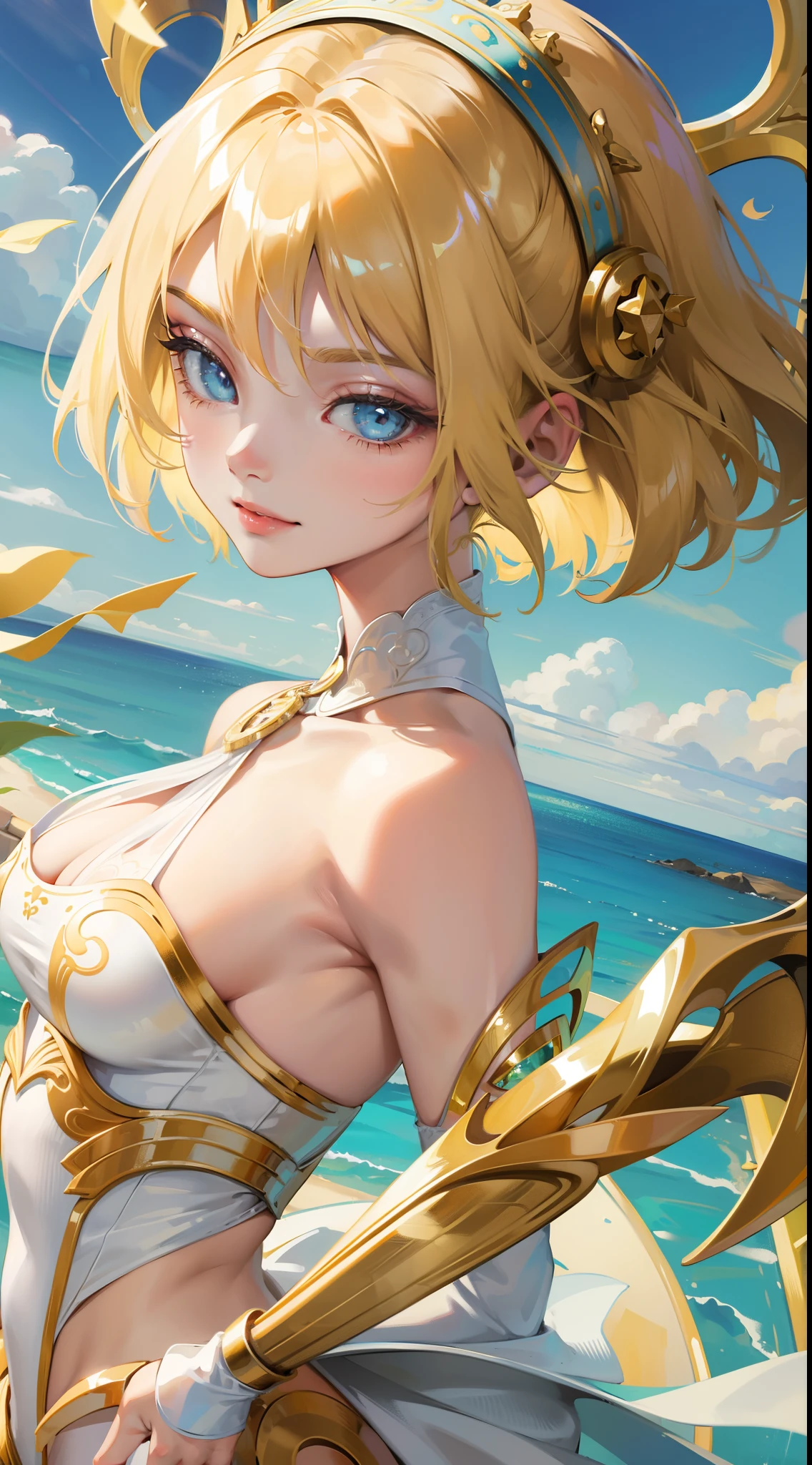 young girl, short blonde hair, turquoise eyes, smirk, Suit with white fork, Gold Elements, open shoulders, Masterpiece, hiquality, 4k, HD, Good detail