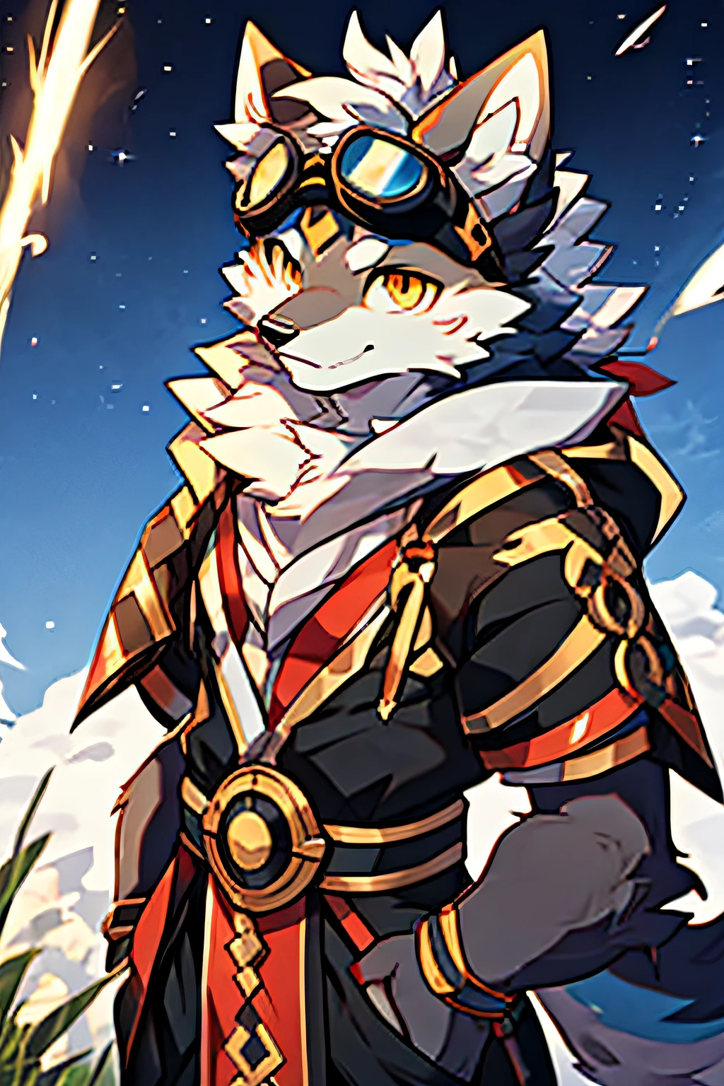 afofuturism,Wolf Clan,White color hair,Wolf ears,Golden eyes,Protective goggles,Blushlush,male people,solo person,magia,Divine sense top light