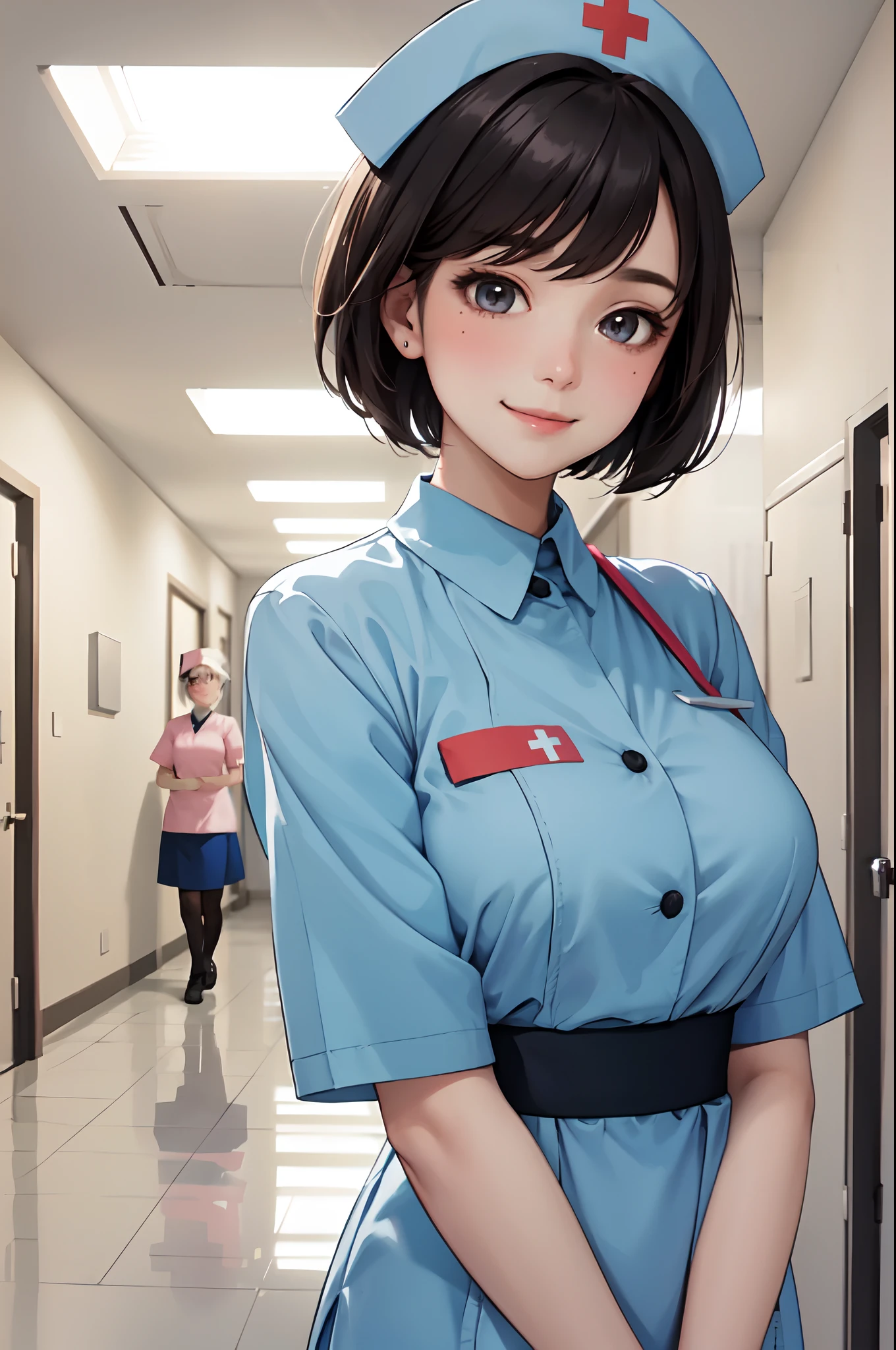 1lady solo nurse, /(nurse uniform cap/), /(short hair/), blush kind smile, (masterpiece best quality:1.3) delicate illustration ultra-detailed , large breasts BREAK /(hospital hallway/)