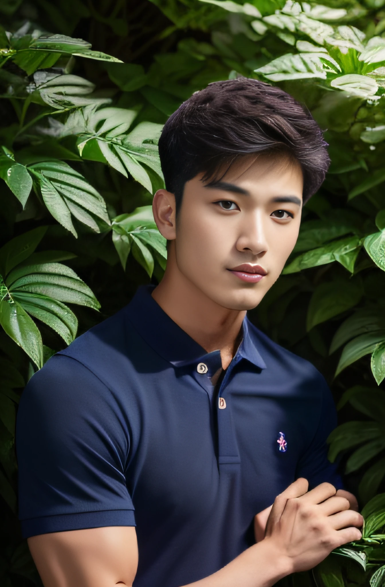 A handsome men ,20 age , Short Hair Hair, korea , Student，(((Wear a navy polo shirt without stripes.............................))),  front-view ,Pectoral muscles, Wide shoulders ,athlete , Upper body (1),  It's raining: 1.3, On the edge of high-rise buildings: 1.2, body dripping wet: 1.1,