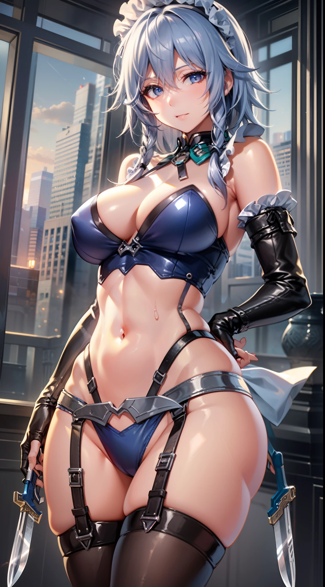 (Unity 16K Wallpaper, masutepiece, Best Quality, Ultra-detailed, extremely details CG, Cinematic lighting, Detailed, Beautiful detailed eyes, Solo),超A high resolution,Fine skin,A sexy,maid, maid apronl, Maid headdress,Knives
