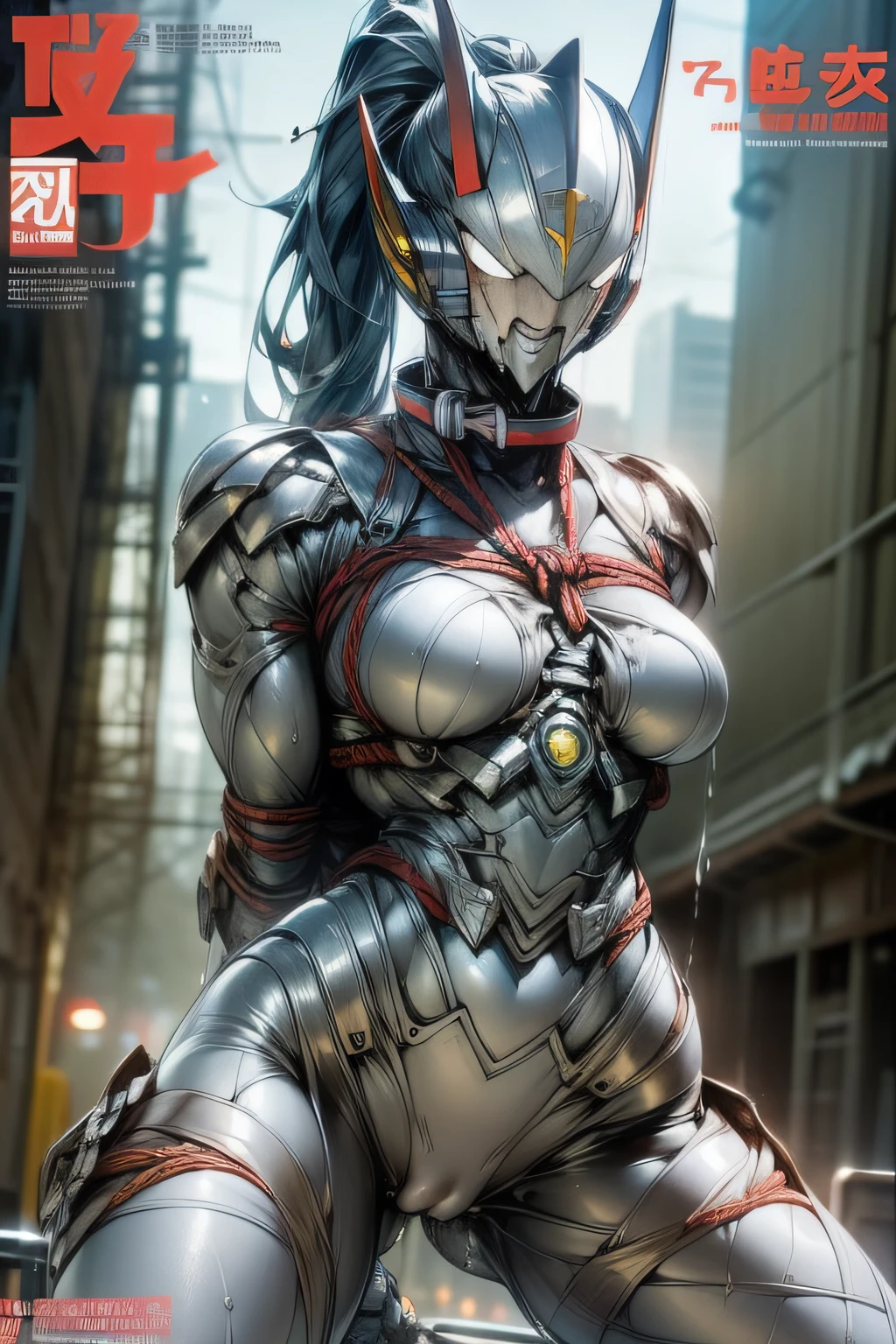 (Magazine Cover:1.4),Bold text,（masterpiece、8K、Ultra-delicate、hight resolution），(((Female Ultraman)))，(((No muscles，large Boob)))，(her head is tapering,The body is made of red and silver，blue armor,The arms present a streamlined design，On the chest there is a round calculator，Looks tall and thin，The overall shape is streamlined、Modern)，posed for photo，high-angle，city ruins，backgroung details,NSFW,Cameltoe,groin focus,the morning sun,((Open pussy:1.2)),((wet pussy:1.4)),(silver ponytail:1.1),red blush,Crying face,from below,(muscular legs:1.3),cum,((Shibari, arms behind back:1.4)), ((hands on back)), ((amarrada com cordas)), ((hands tied back)), ((rope restraint)),((Dog collars and leashes))