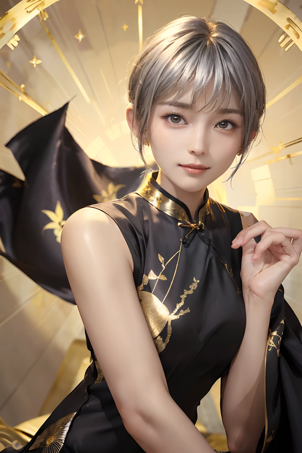 ((top-quality、8K、masterpiece:1.3)), (Cute pattern of gold leaf, black cloth cheongsam:1.5), Clear, Fine-grained skin、Beautiful clear eyes、cleavage of the breast、Carefree and natural smile、(Medium bob,Silver hair:1.5)、(Hair disheveled in the wind:1.3)、、Beautiful girl with a smile、(thin-waist:1.3)、(Dynamic and provocative poses:1.2)、