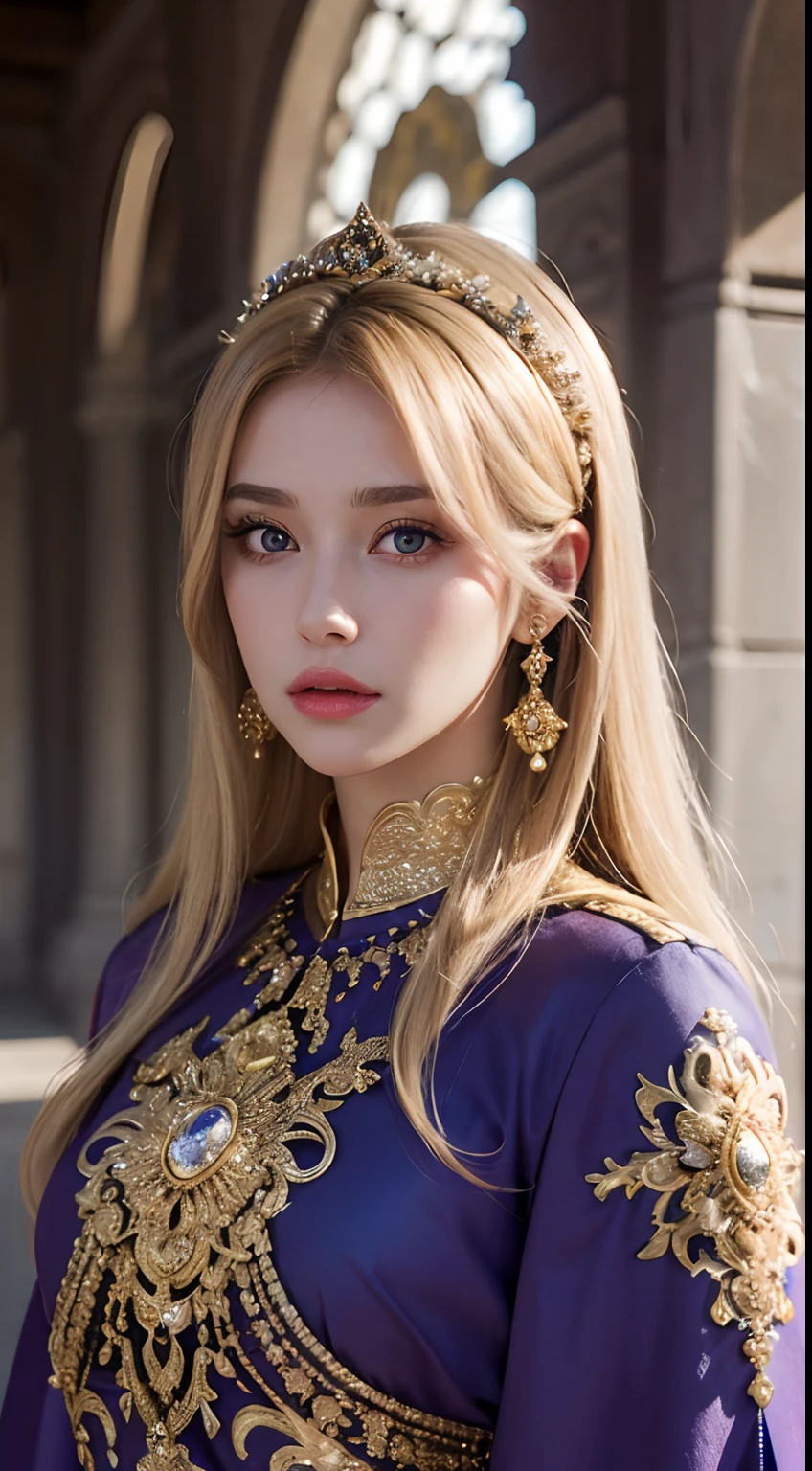 (master piece: 1.3), (8k, photoreallistic, Photo brute, beste-Qualit: 1.4), (1fille), beau visage, (realistic face), (cheveux rouges crystal bright, cheveux long blond1.3), belle coiffure, Realistic Crystal Brilliant Bright Eyes Bright, beautiful detailed eyes brilliant European beauty, (realistic skin), belle peau, (tirer), absurdes, attrayant, ultra highres, ultra realist, highly detailed, Gold number wearing a Moroccan Islamic caftan outfit half purple half blue