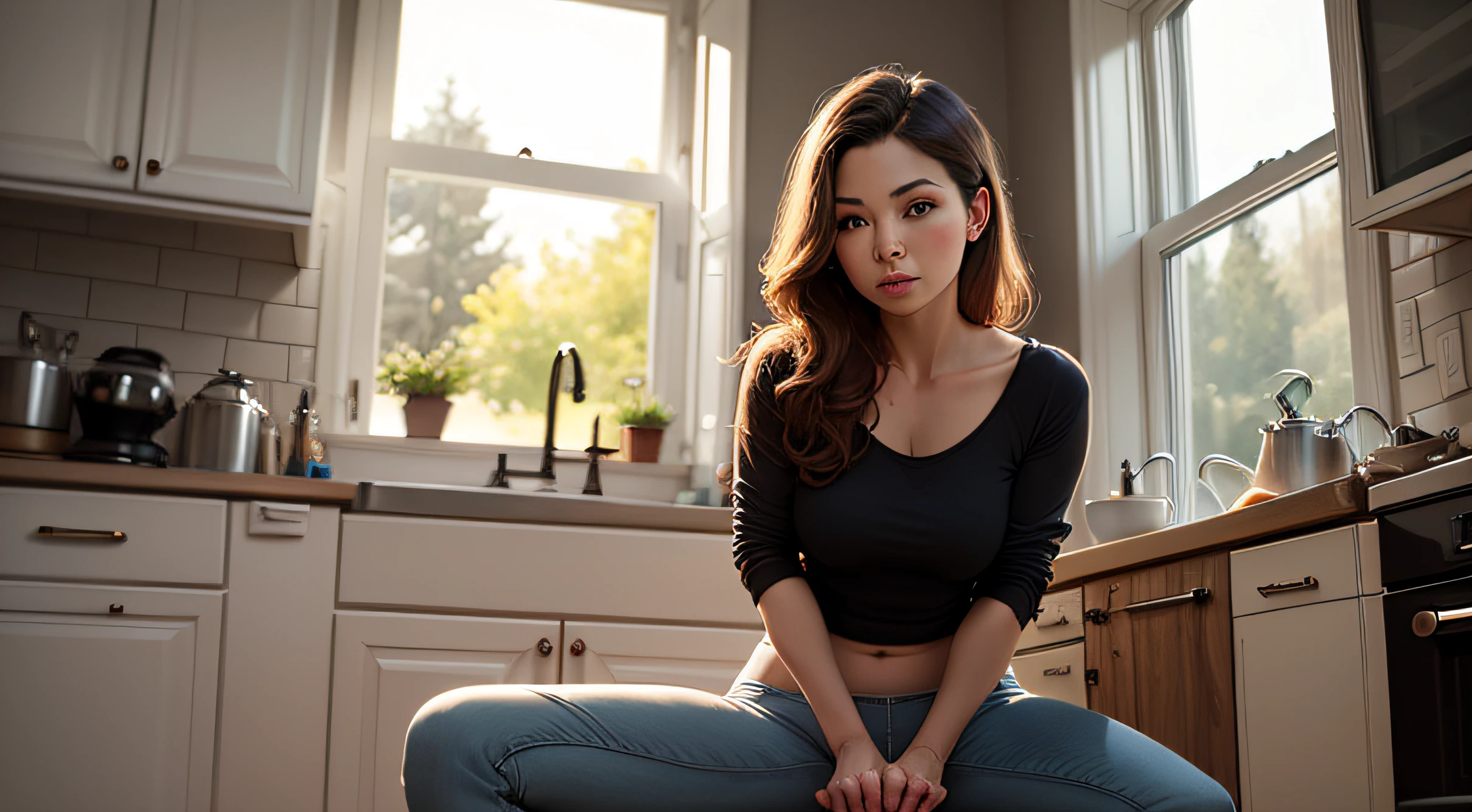 woman sitting on top of her kitchen's sink, with her pants and panties down