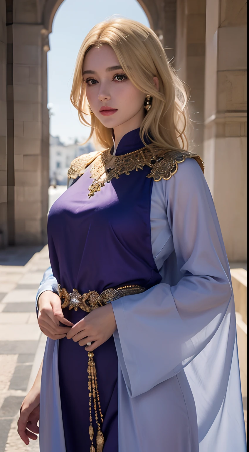 (master piece: 1.3), (8k, photoreallistic, Photo brute, beste-Qualit: 1.4), (1fille), beau visage, (realistic face), (cheveux rouges crystal bright, cheveux long blond1.3), belle coiffure, Realistic Crystal Brilliant Bright Eyes Bright, beautiful detailed eyes brilliant European beauty, (realistic skin), belle peau, (tirer), absurdes, attrayant, ultra highres, ultra realist, highly detailed, Gold number wearing a Moroccan Islamic caftan outfit half purple half blue