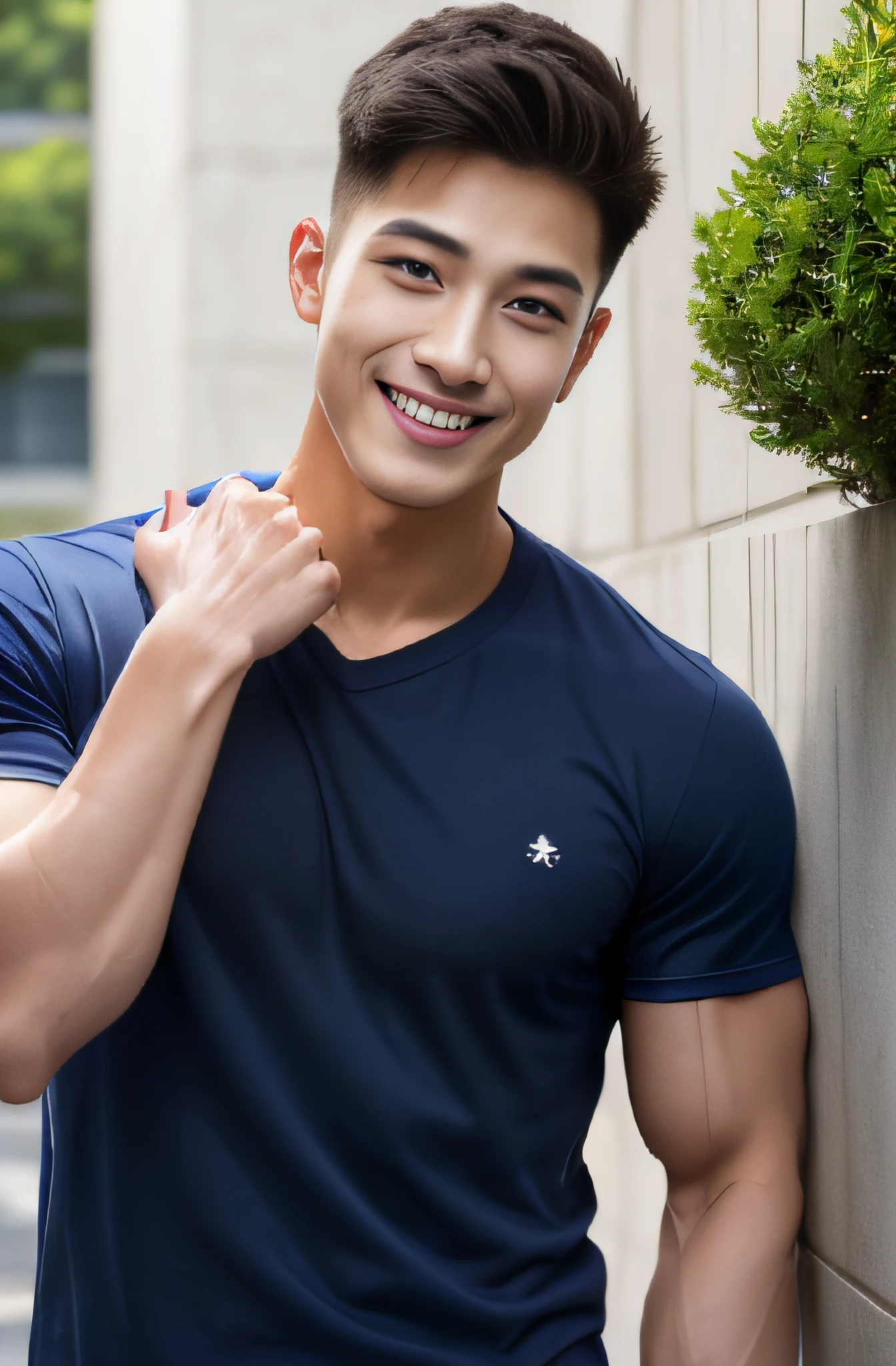 A handsome men ,20 age , Short Hair Hair, korea , Student，(((Wear a navy T-shirt without stripes...........................))),  front-view, smile ,Pectoral muscles, Wide shoulders ,athlete , Full body,  It's raining: 1.3, High-rise buildings: 1.2, body dripping wet: 1.1, mid body