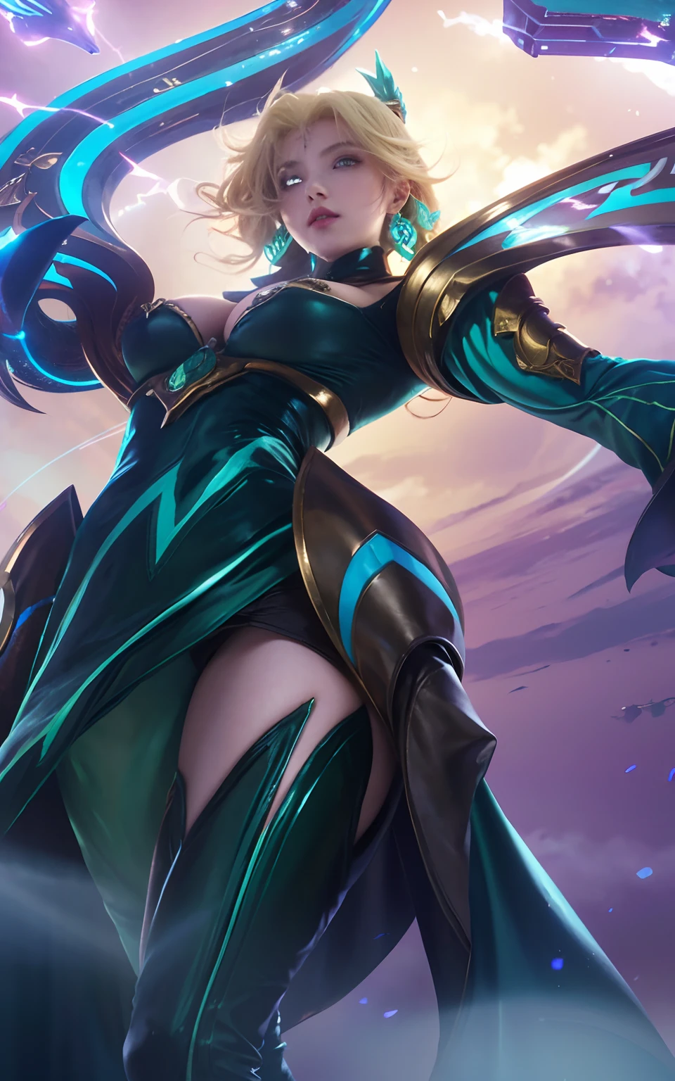 Ultra HD、Ultra-clear、White and beautiful translucent skin、Beautiful and well-proportioned face、Cute smile、Saint Seiya of Libra、Covers the whole body in silver armor、A holy knight in silver armor、Platinum tiara、Silver armor covered in flashy carvings、Heavy silver armor、Translucent beautiful green eyes、Blonde Short-Haired、Big Breasts、Outer space background、ponytail、