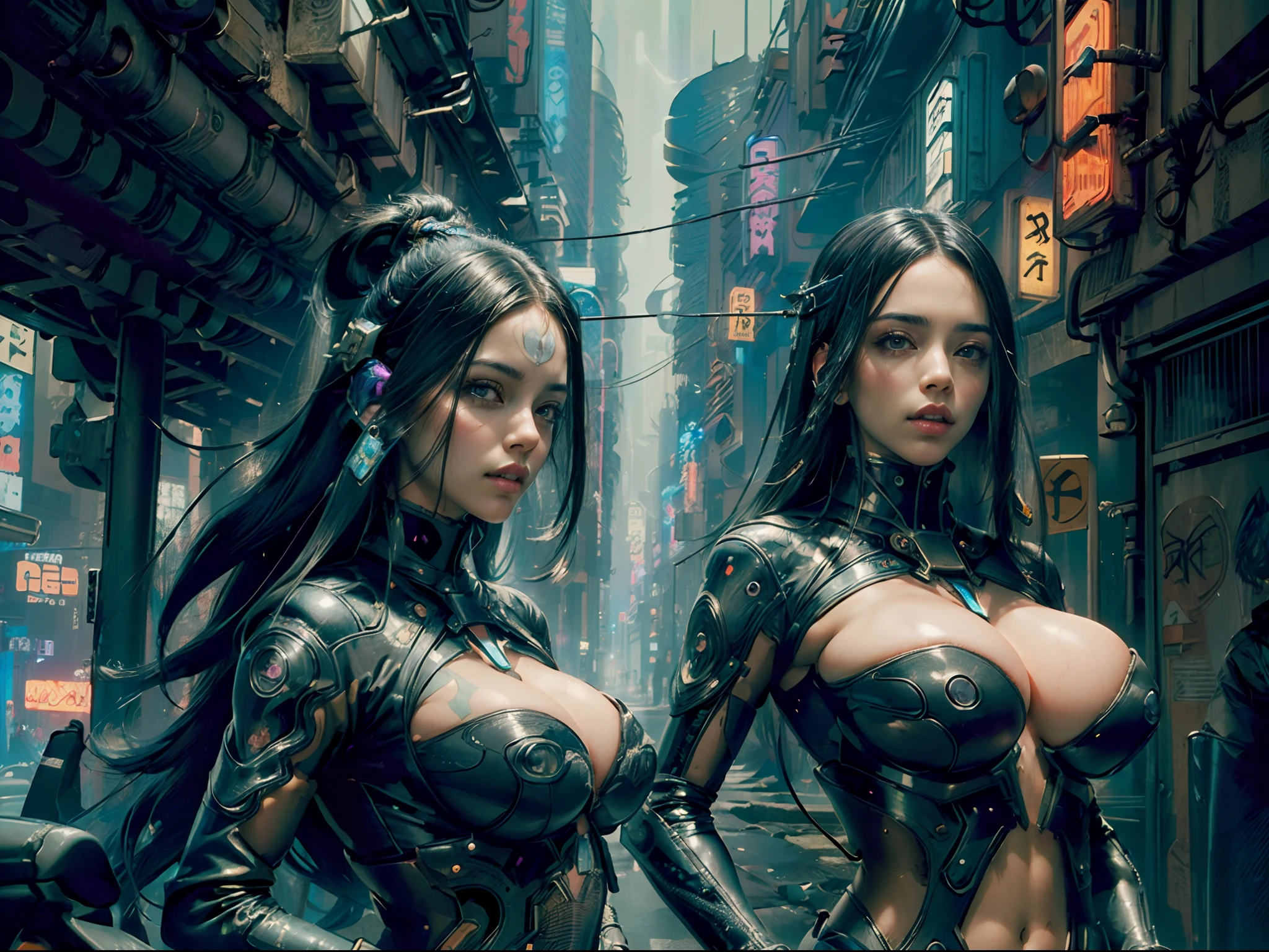 (Beautiful Asian identical twin cyberpunk girls), cowboy shot,  (((facing camera))), wearing colorful tech jacket, ((ultra detailed neon cyberpunk futuristic city )), black long shapeless hair, detailed and intricate ((cyberpunk city streets background)), featuring high-tech holographic projections and sleek architecture, art by (((Syd Mead, Masamune Shirow))), (highly detailed photo realistic), sharp focus, ultra high quality, vibrant, (big breasts:1.7), shiny latex is black, latex stockings, long shapeless hair, (shiny skin:1.4), shiny lips, (symmetrical detailed face:1.7), toned, sexy, masterpiece, (cinematic lighting).