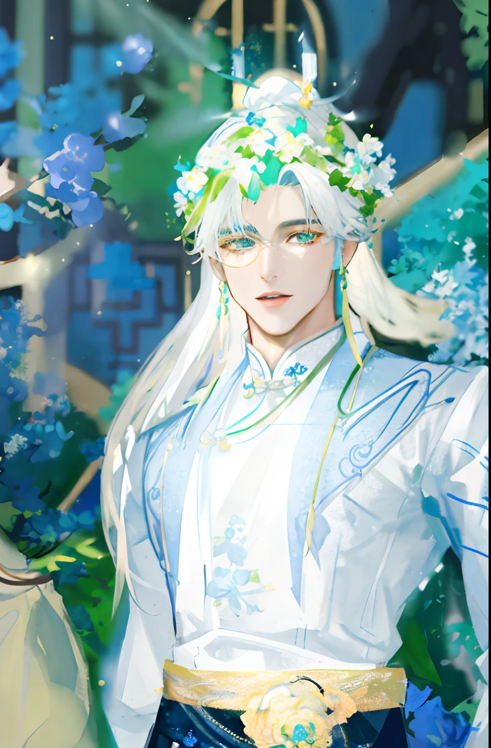 delicated,prette,big breasts beautiful,male people,mtu,Golden ponytail,Handsome facial features,With a light green garland on the head,Blue-and-white Chinese top,Blue flowers on background。Extreme light and shadow,Highest image quality,Perfect details