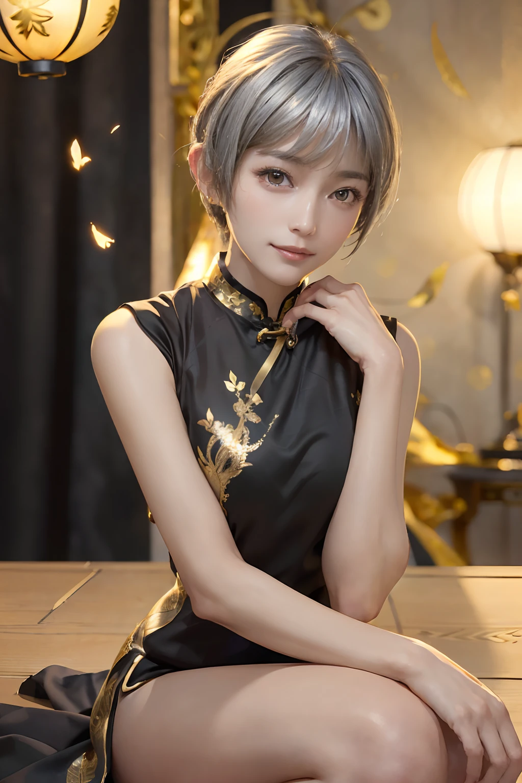 ((top-quality、8K、masterpiece:1.3)), (Cute pattern in gold leaf, Black Cloth Cheongsam:1.5), Clear, Fine-grained skin、Beautiful clear eyes、cleavage of the breast、Carefree and natural smile、(a pixie cut,Silver hair:1.5)、(Hair disheveled in the wind:1.3)、、Beautiful girl with a smile、(thin-waist:1.3)、(Dynamic and provocative poses:1.2)、