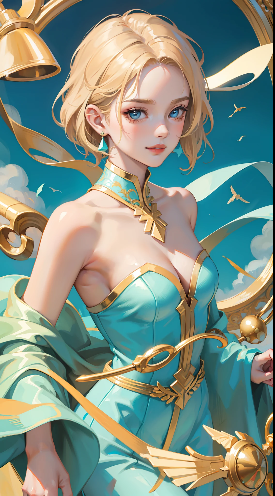 young girl, short blonde hair, turquoise eyes, smirk, Suit with white fork, Gold Elements, open shoulders, Masterpiece, hiquality, 4k, HD, Good detail