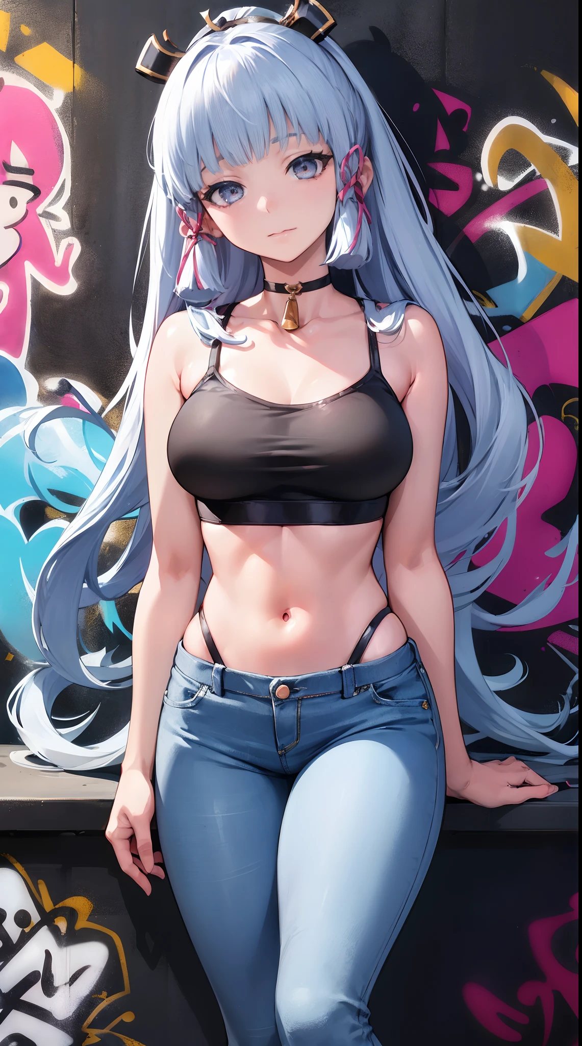 kamisato ayaka|genshin impact, master-piece, bestquality, 1girls,25 years old, oversized breasts, large nipples, shorts jeans, oversized breasts, ,bara, topless, shorts jeans, choker, (Graffiti:1.5), Splash with purple lightning pattern., arm behind back, against wall, View viewers from the front., Thigh strap, Head tilt, bored, water eyes, erect nipples, bare shoulders