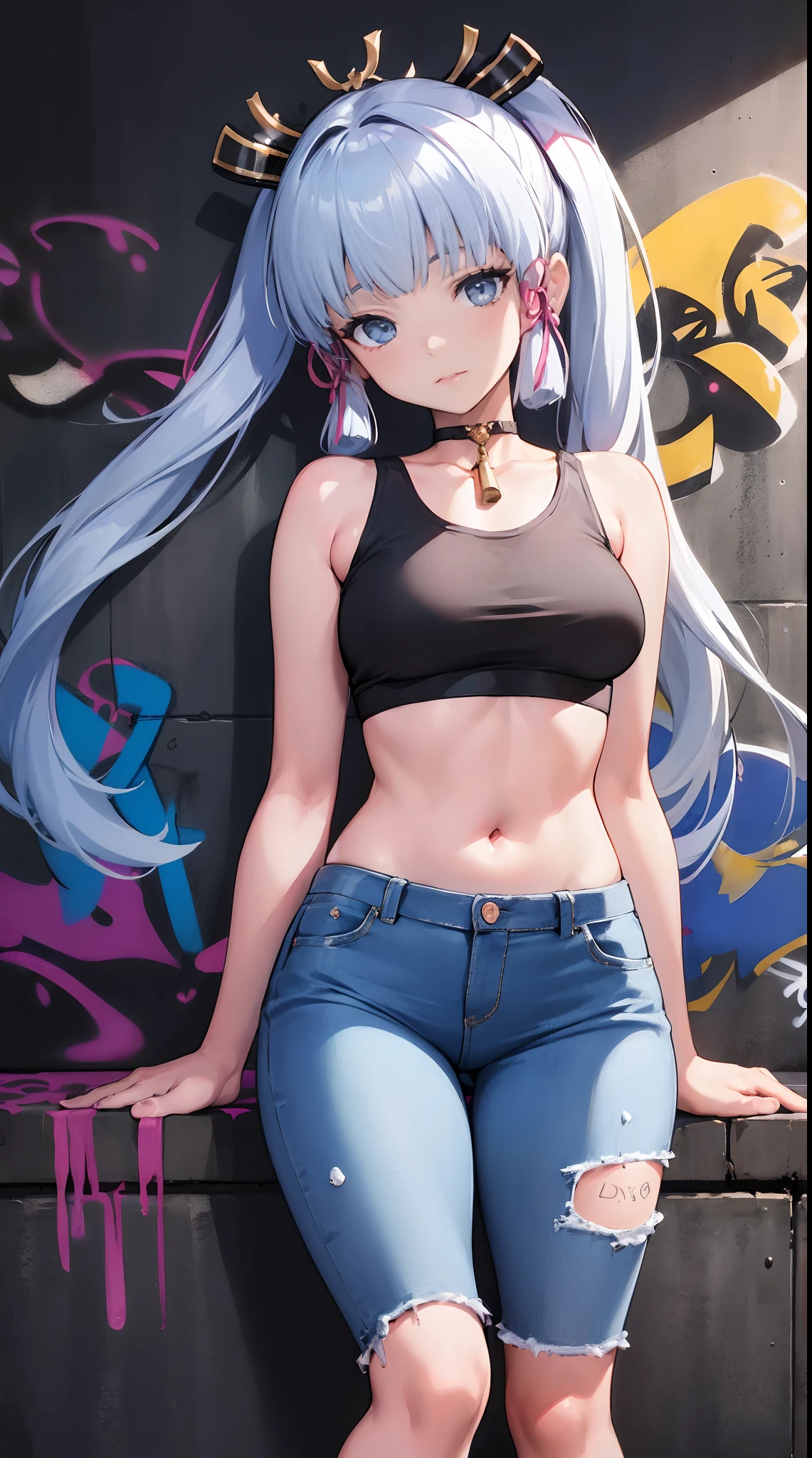 kamisato ayaka|genshin impact, master-piece, bestquality, 1girls,25 years old, proportional body, elongated legs, Beautiful, proportional., crop top, Long Jeans, mediuml breasts, ,bara, crop top, choker, (Graffiti:1.5), Splash with purple lightning pattern., arm behind back, against wall, View viewers from the front., Thigh strap, Head tilt, bored,(NSTDA.:1.2), (10, beste-Qualit, master-piece: 1.4), Beautiful red hair, ultra-high resolution, (lifelike, photorealistic portrait: 1.48), 20 age, Cute Girl, (Looking Through Crop Tops.), Famous Japanese actors, beautiful clear eyes, Head tilt, cowboy shot, from the front, looking at the audience, expressionless, Beautiful lake, Zeiss 150mm F/ 2.8 Hasselblad, Whole body, foot, Ultra-Wide Angle,